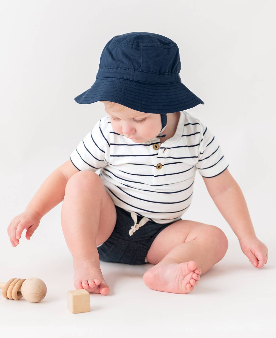 RuffleButts + RuggedButts - Baby Boys White & Navy Stripe Short Sleeve Henley Bodysuit