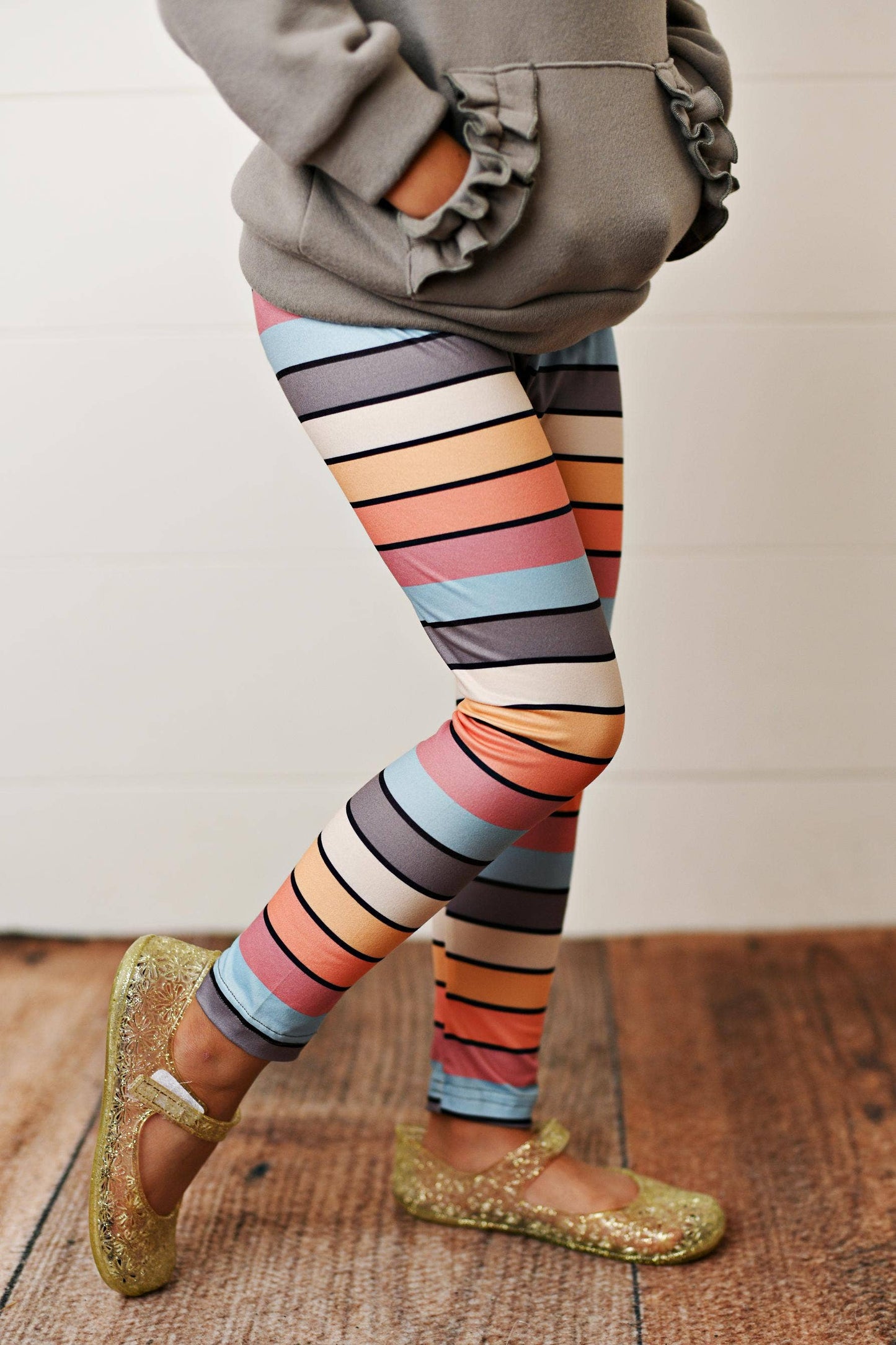 Adorable Sweetness - Kids Gray Ruffle Hoodie and Rainbow Stripe Leggings Fall Set