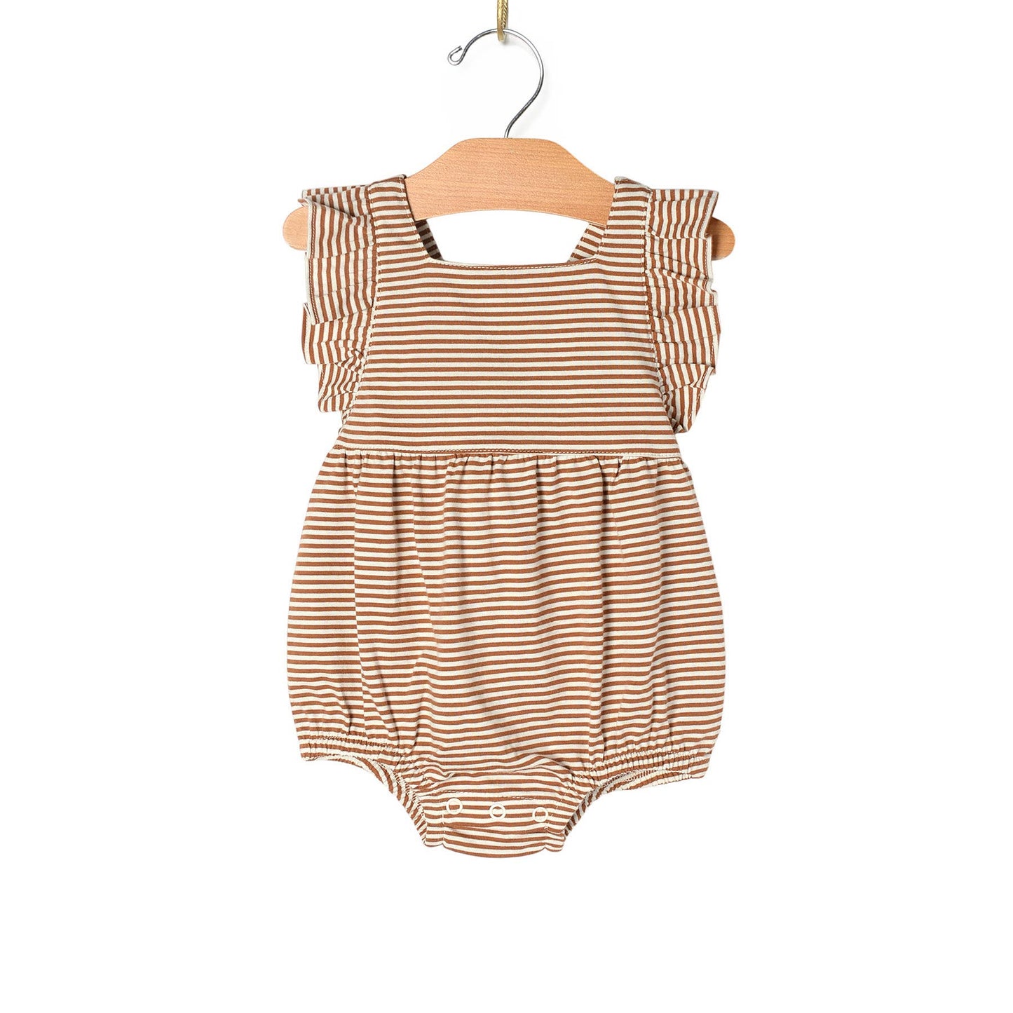 City Mouse Studio - Baby Spring Overall Flutter Romper- Toffee Stripe