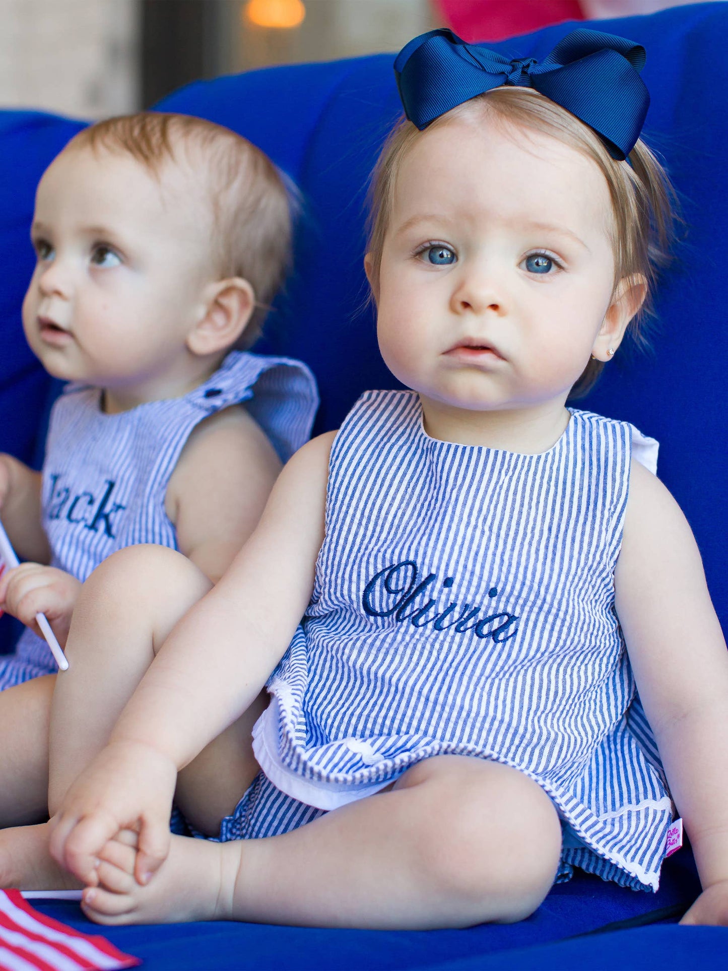 RuffleButts + RuggedButts - Baby Girls Blue Seersucker Ric Rac Swing Top & Bloomer Set