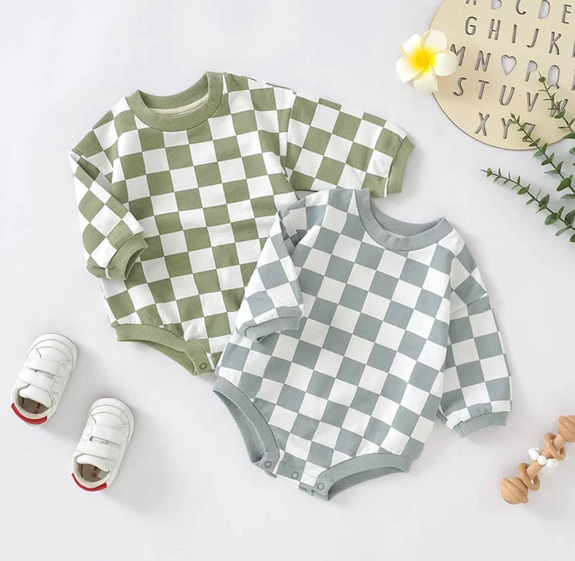 Boho + Babe - Checkerboard Bubble Sweater Romper - French Terry
