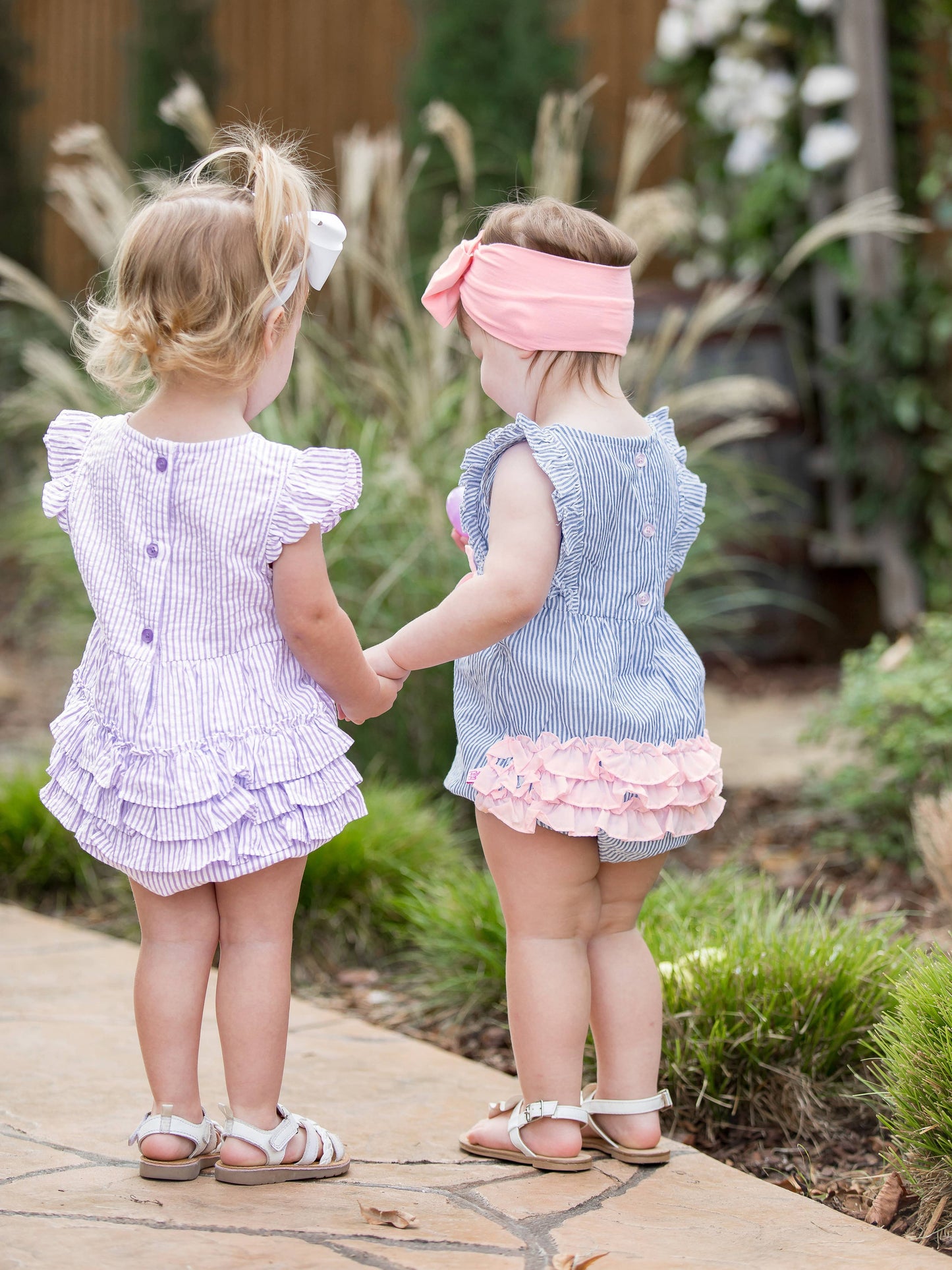RuffleButts + RuggedButts - Baby Girls Blue Seersucker Classic Ruffle Bubble Romper