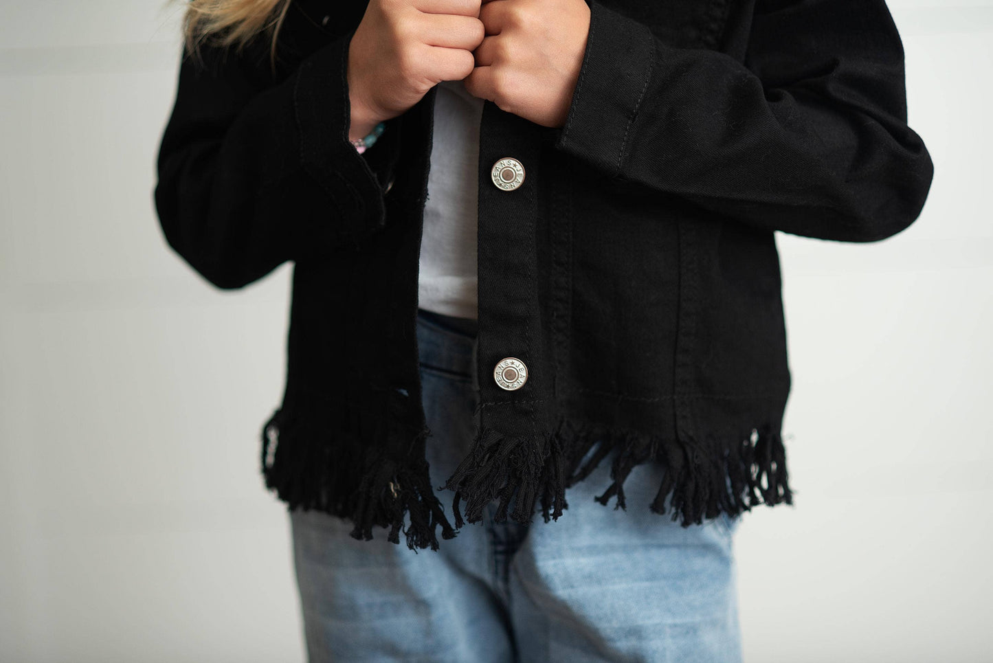 Oopsie Daisy - Kids Black Denim Fringe Fall Winter Button Jacket