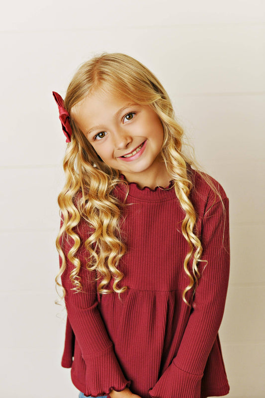 Oopsie Daisy - Kids Burgundy Wine Long Sleeve Lettuce Trim Ribbed Shirt