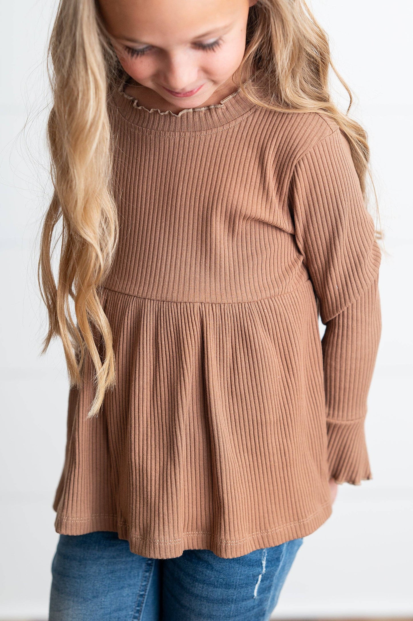 Oopsie Daisy - Kids Toffee Long Sleeve Lettuce Trim Ribbed Fall WinterShirt