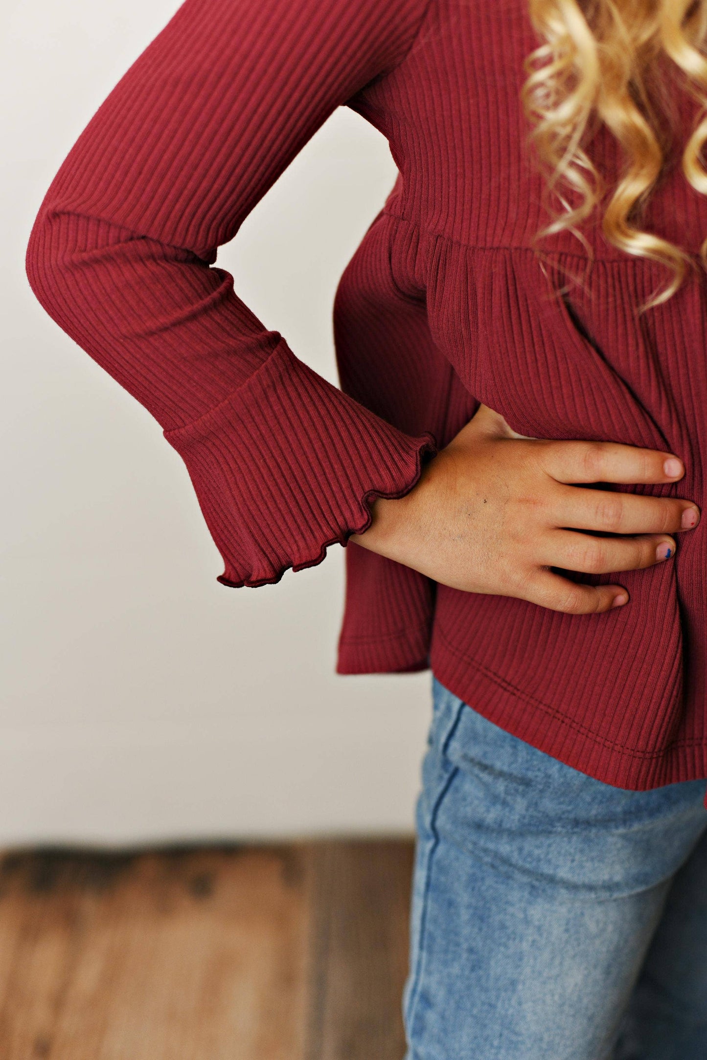 Oopsie Daisy - Kids Burgundy Wine Long Sleeve Lettuce Trim Ribbed Shirt