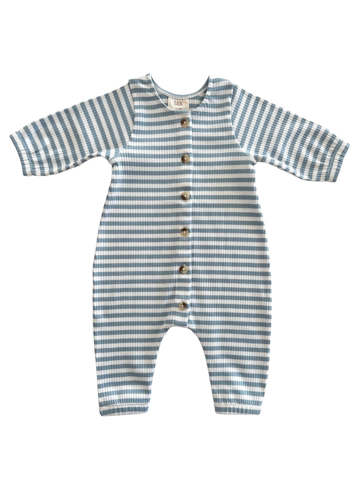 SIIX Collection - Dusty Blue Stripe / Organic Ribbed Long Sleeve Bay Jumpsuit