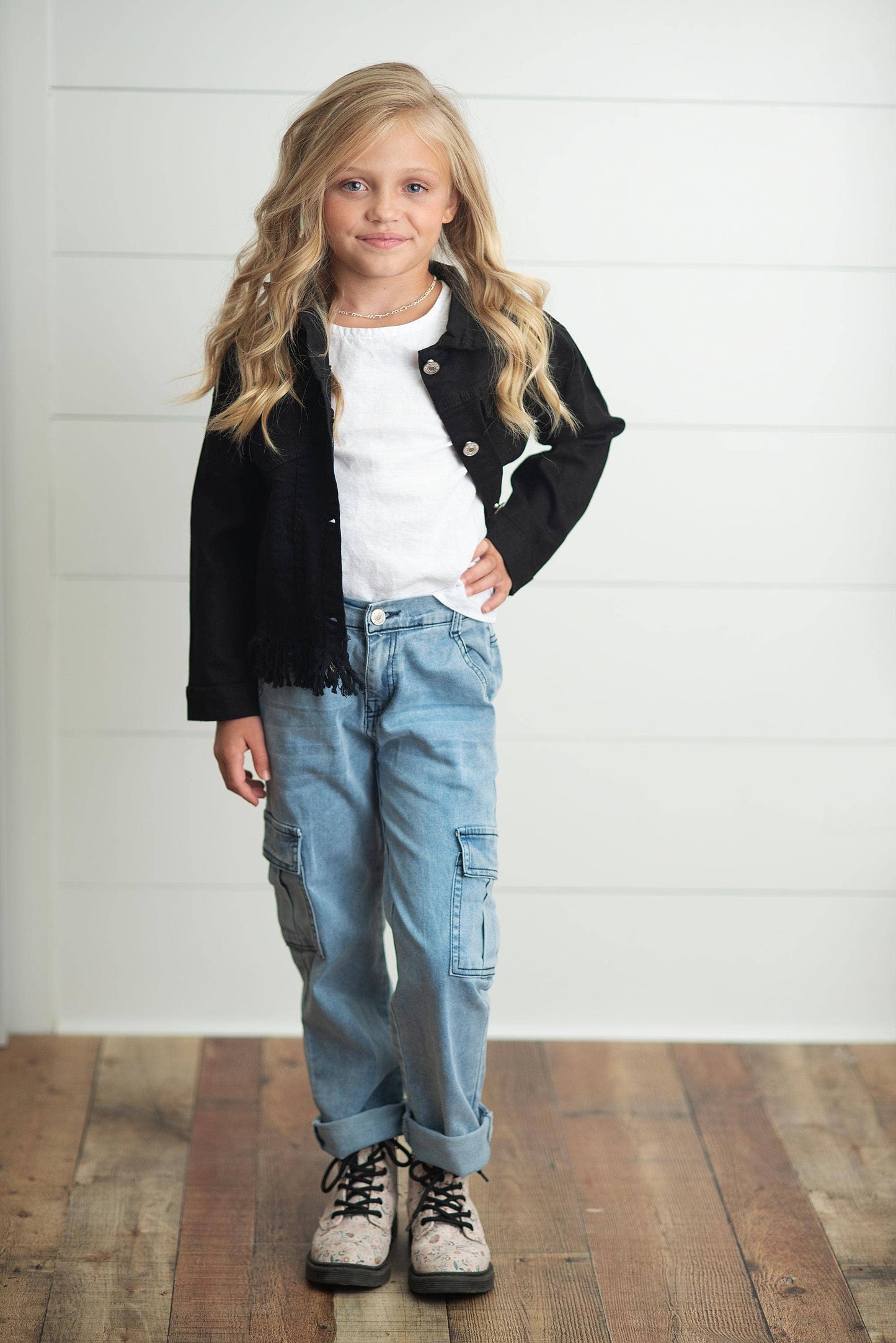 Oopsie Daisy - Kids Black Denim Fringe Fall Winter Button Jacket