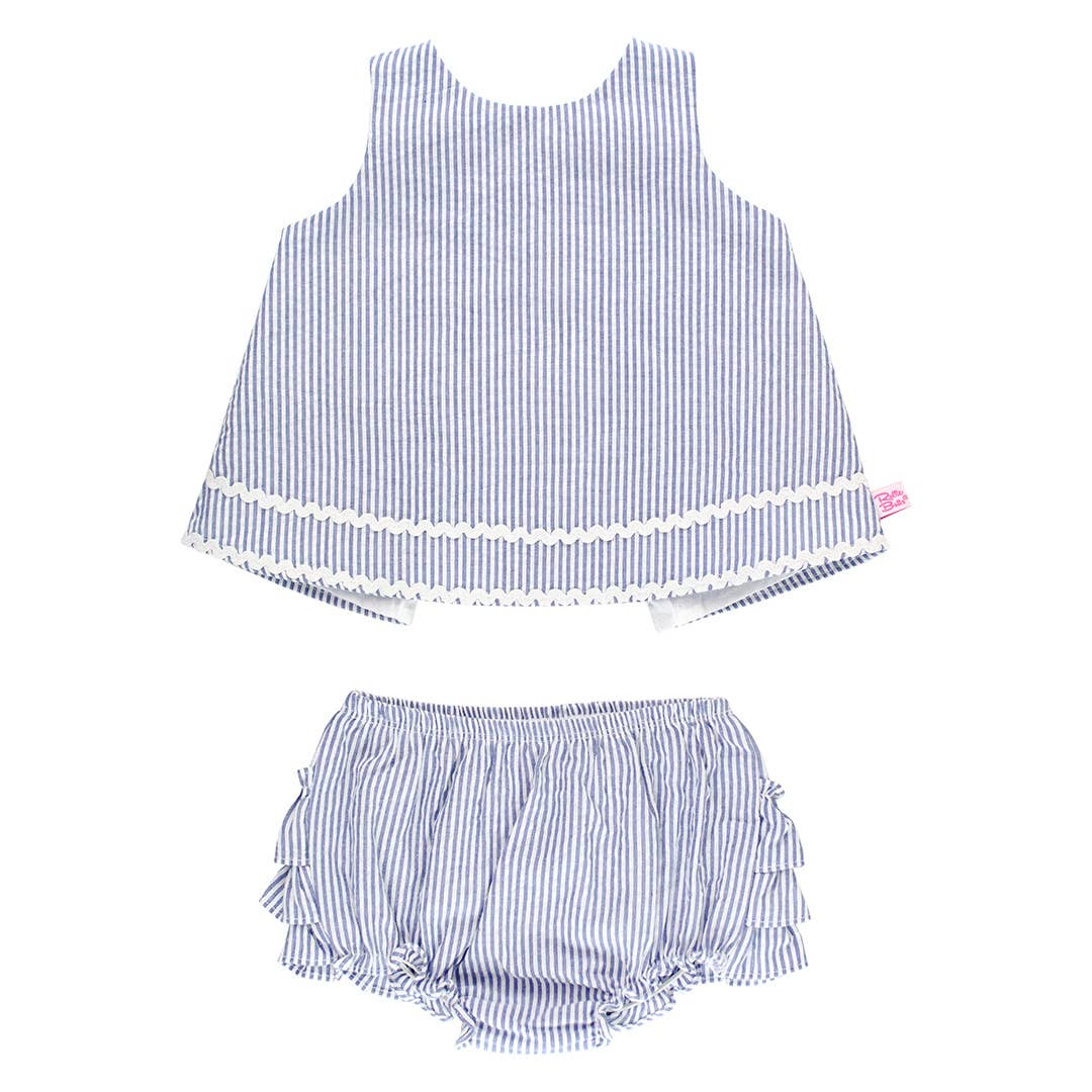 RuffleButts + RuggedButts - Baby Girls Blue Seersucker Ric Rac Swing Top & Bloomer Set