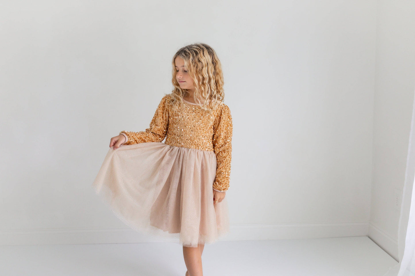 Oopsie Daisy - Kids Sequin Champagne Holiday Fancy Sparkle Tulle Dress