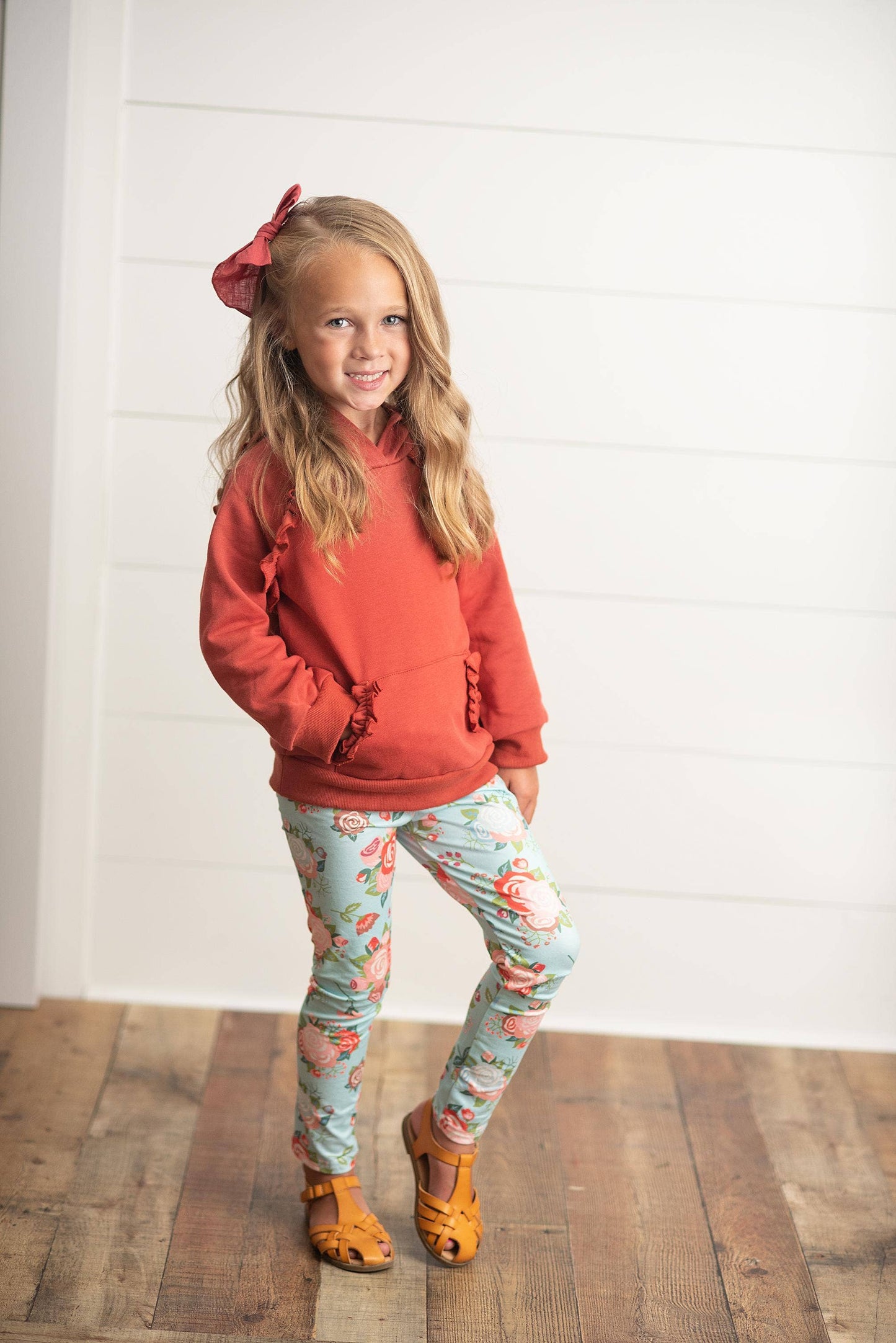 Adorable Sweetness - Kids Rust Pocket Ruffle Hoodie Shirt & Leggings Fall Set