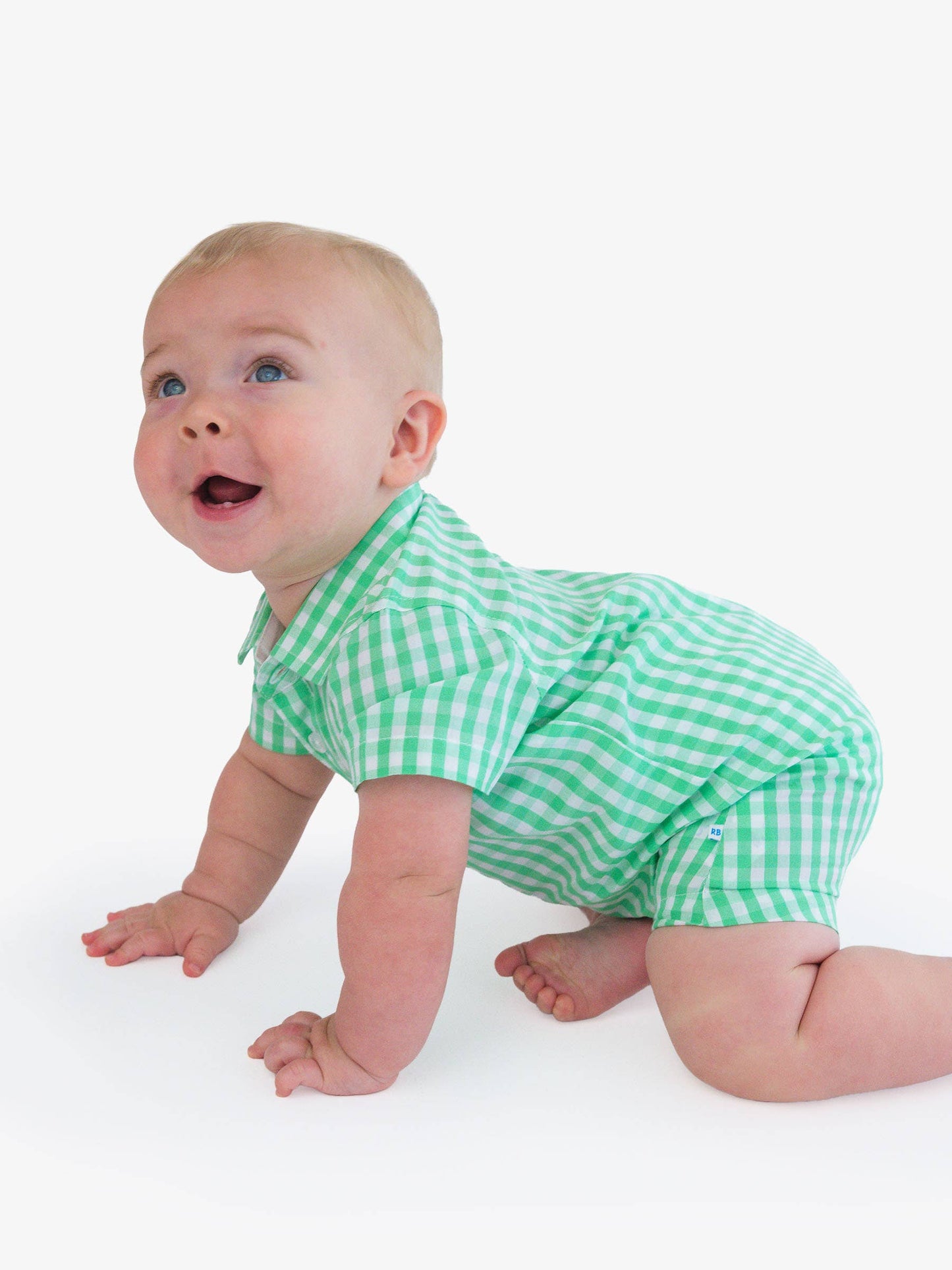 RuffleButts + RuggedButts - Baby Boys Classic Spring Bud Gingham Short Sleeve Woven Button-Up Romper