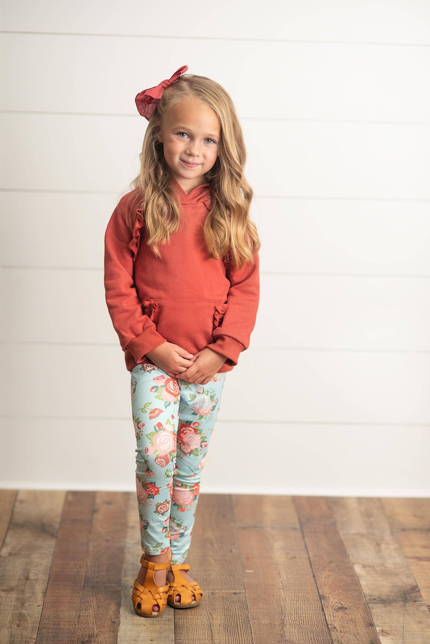 Adorable Sweetness - Kids Rust Pocket Ruffle Hoodie Shirt & Leggings Fall Set