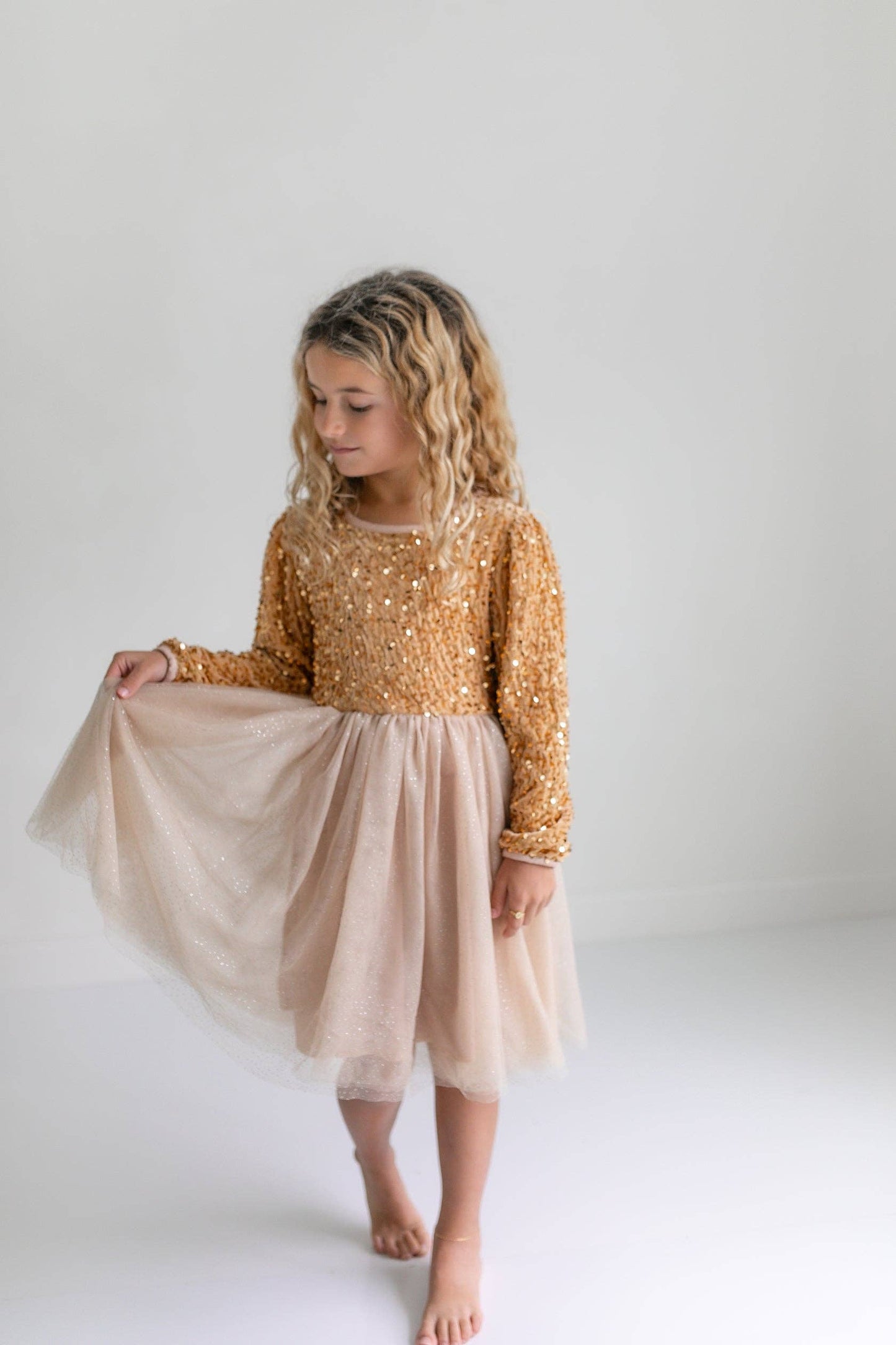 Oopsie Daisy - Kids Sequin Champagne Holiday Fancy Sparkle Tulle Dress