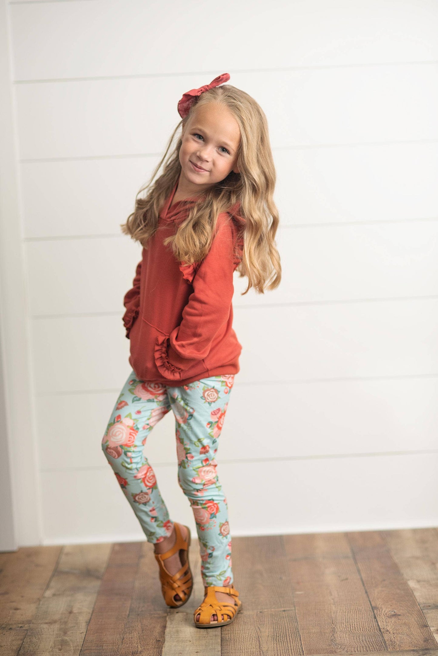Adorable Sweetness - Kids Rust Pocket Ruffle Hoodie Shirt & Leggings Fall Set