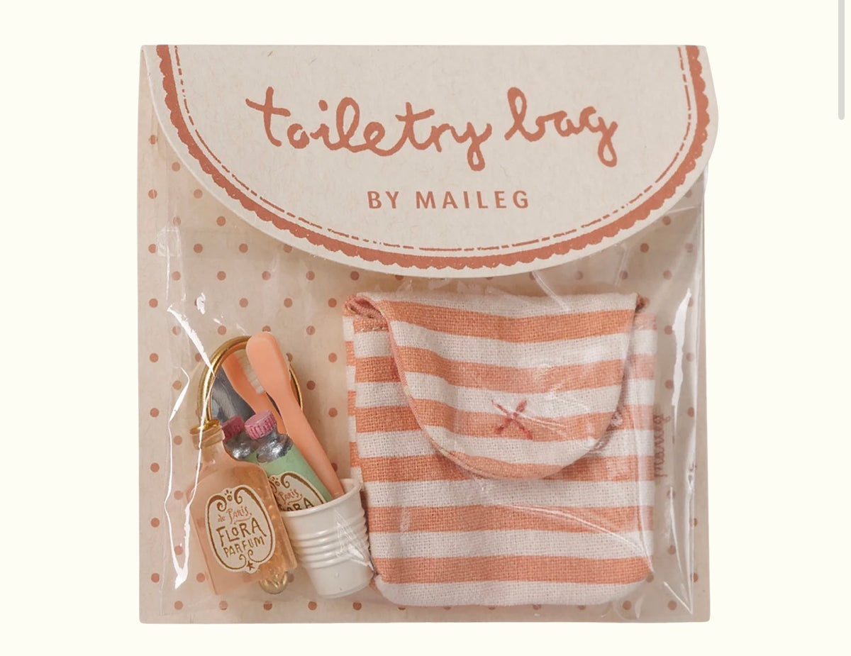 Maileg - Toothbrush Set in Bag, Mouse - Coral Stripe