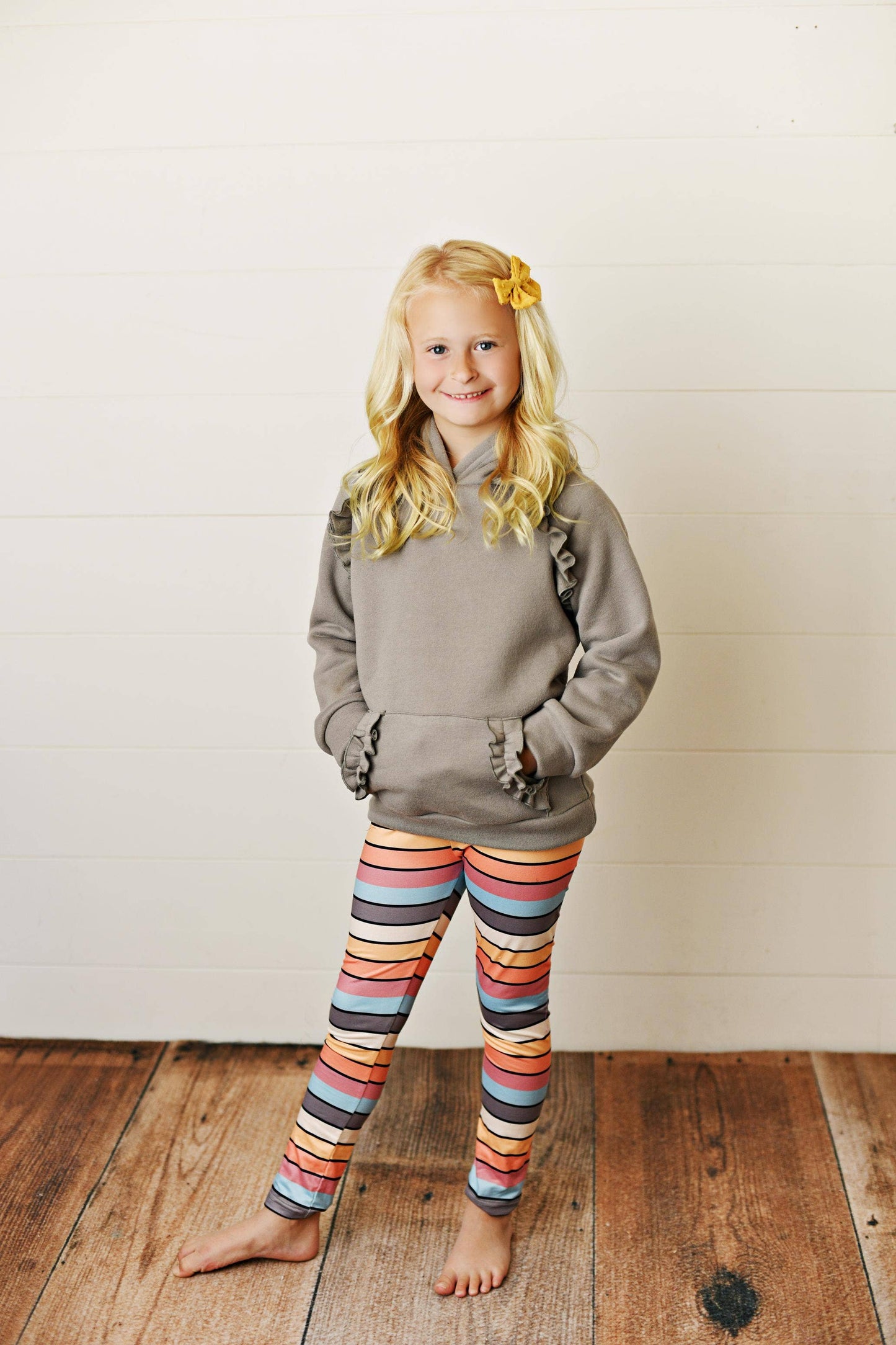 Adorable Sweetness - Kids Gray Ruffle Hoodie and Rainbow Stripe Leggings Fall Set