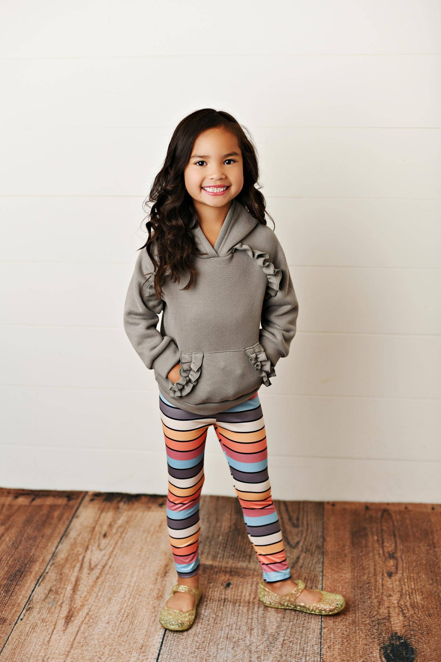 Adorable Sweetness - Kids Gray Ruffle Hoodie and Rainbow Stripe Leggings Fall Set