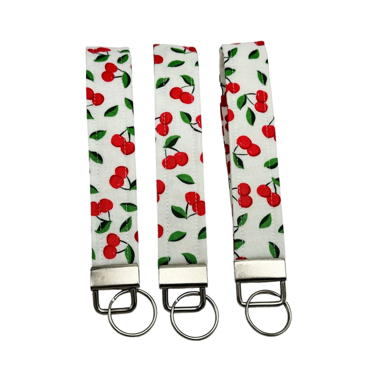 The Sticker Lab - White & Cherry Fabric Keychain Wristlet, Key Fob