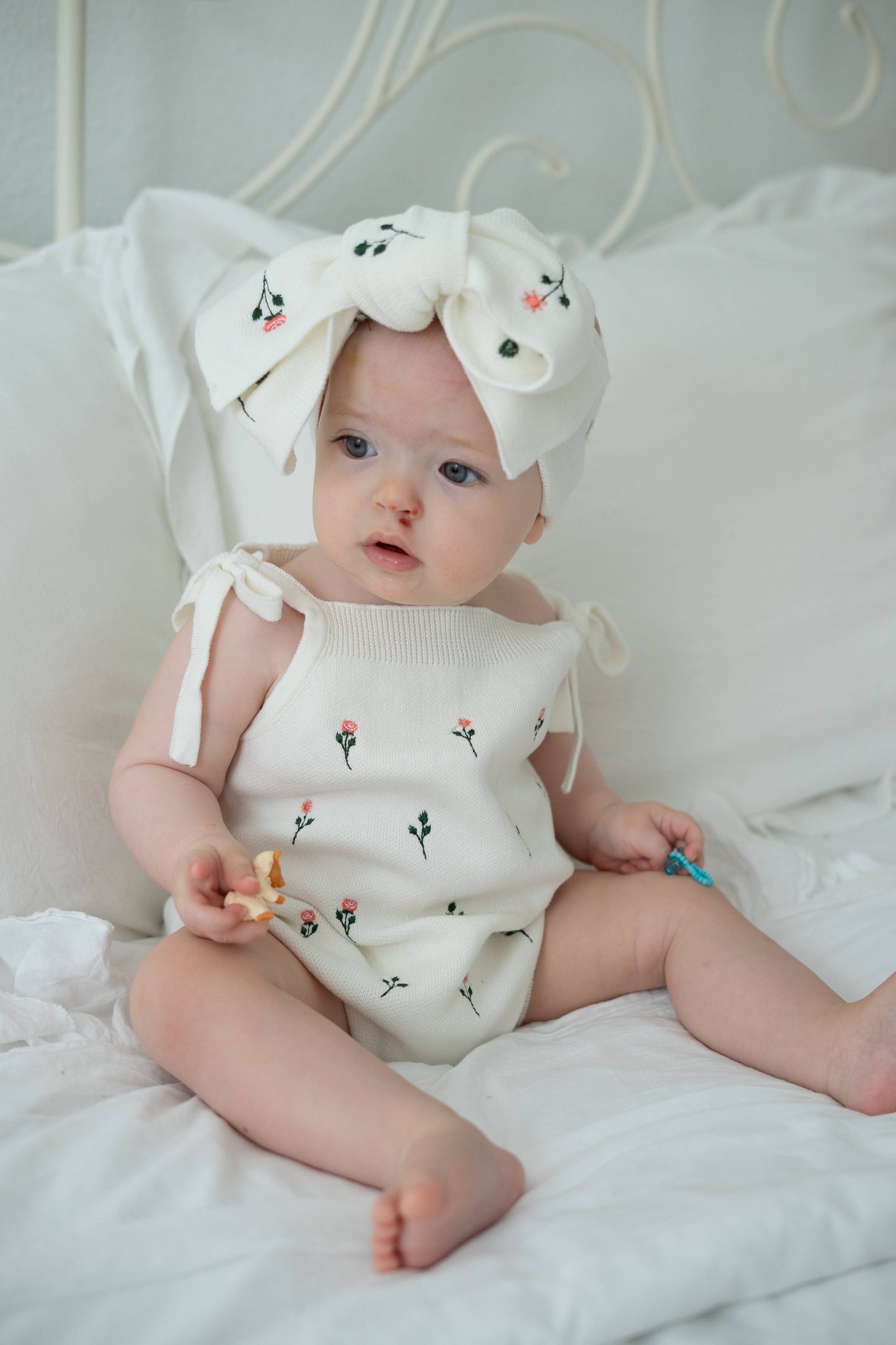 Luna + Luca - Floral Embroidery Romper + Bow - White