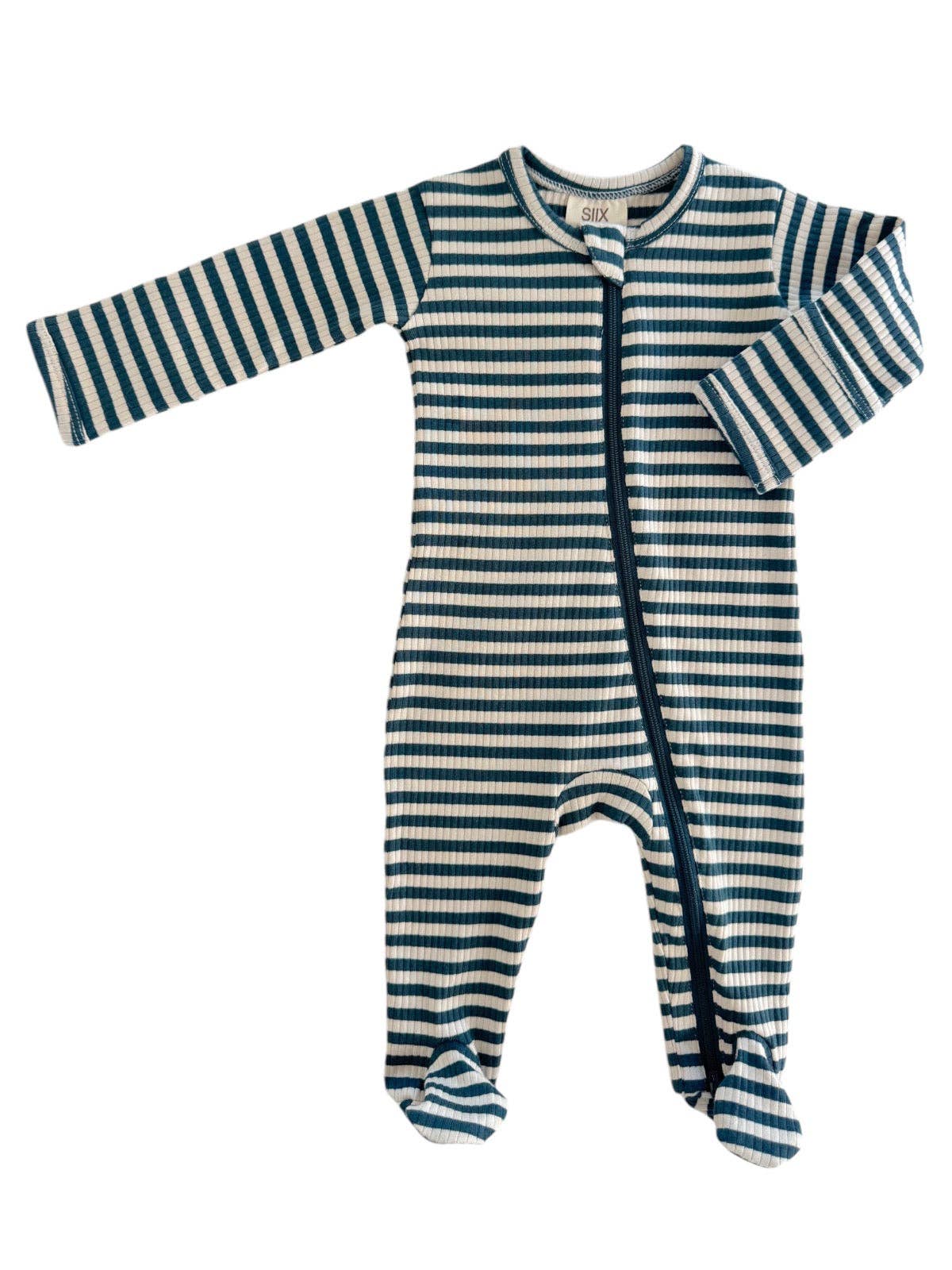 SIIX Collection - Steel Blue Stripe / Organic Ribbed Zip Footie