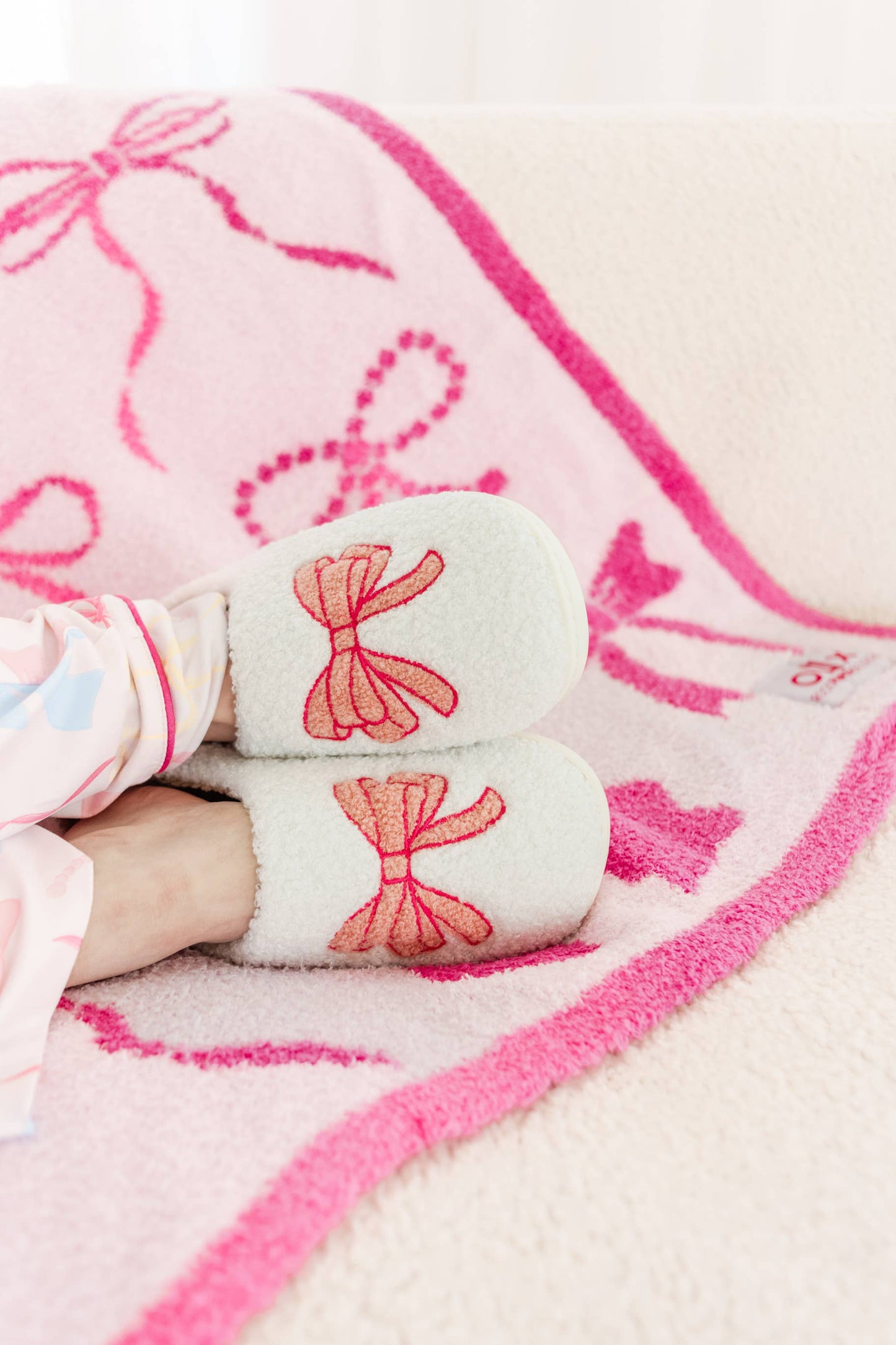 Rock Paper Scissors - Fuzzy Plush Slippers with Pink Bow