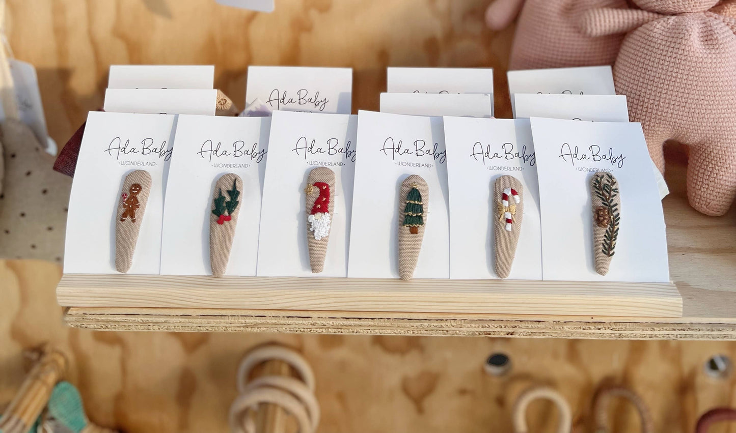 Embroidered Baby Hair Clips: Gingerbread Man
