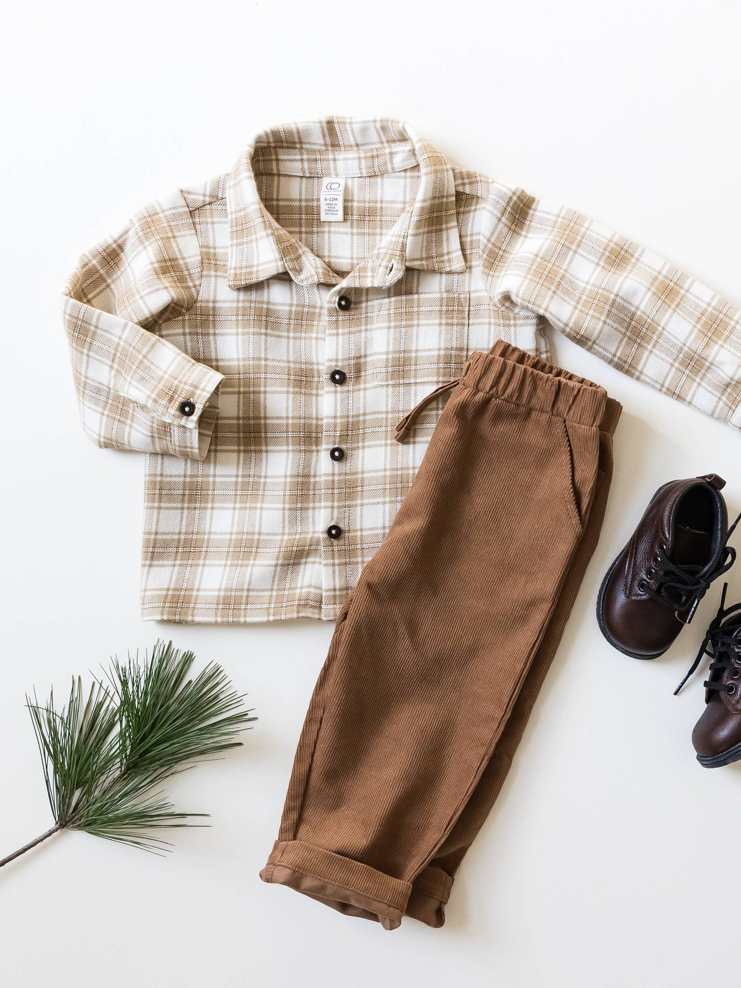 Kids Logan Flannel Collard Button Down - Latte Plaid