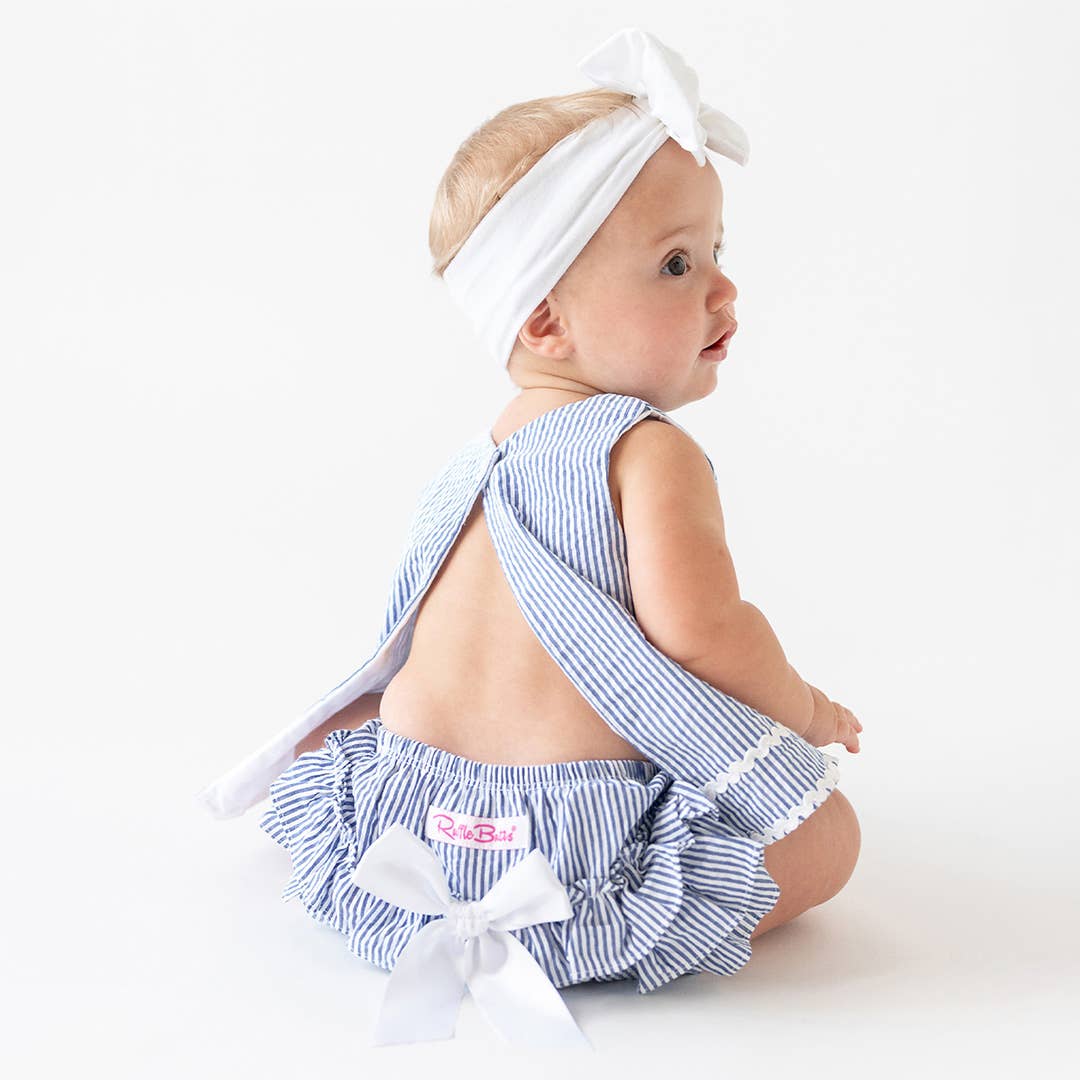 RuffleButts + RuggedButts - Baby Girls Blue Seersucker Ric Rac Swing Top & Bloomer Set