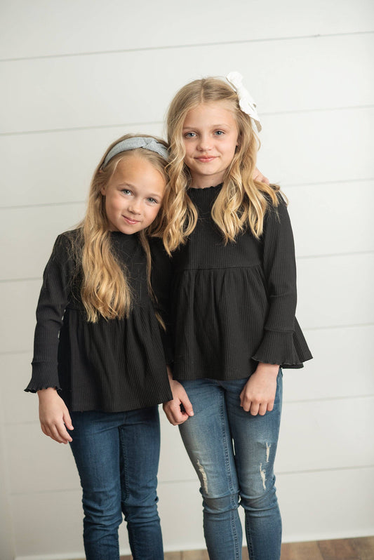 Oopsie Daisy - Kids Black Long Sleeve Lettuce Trim Ribbed Fall Winter Shirt