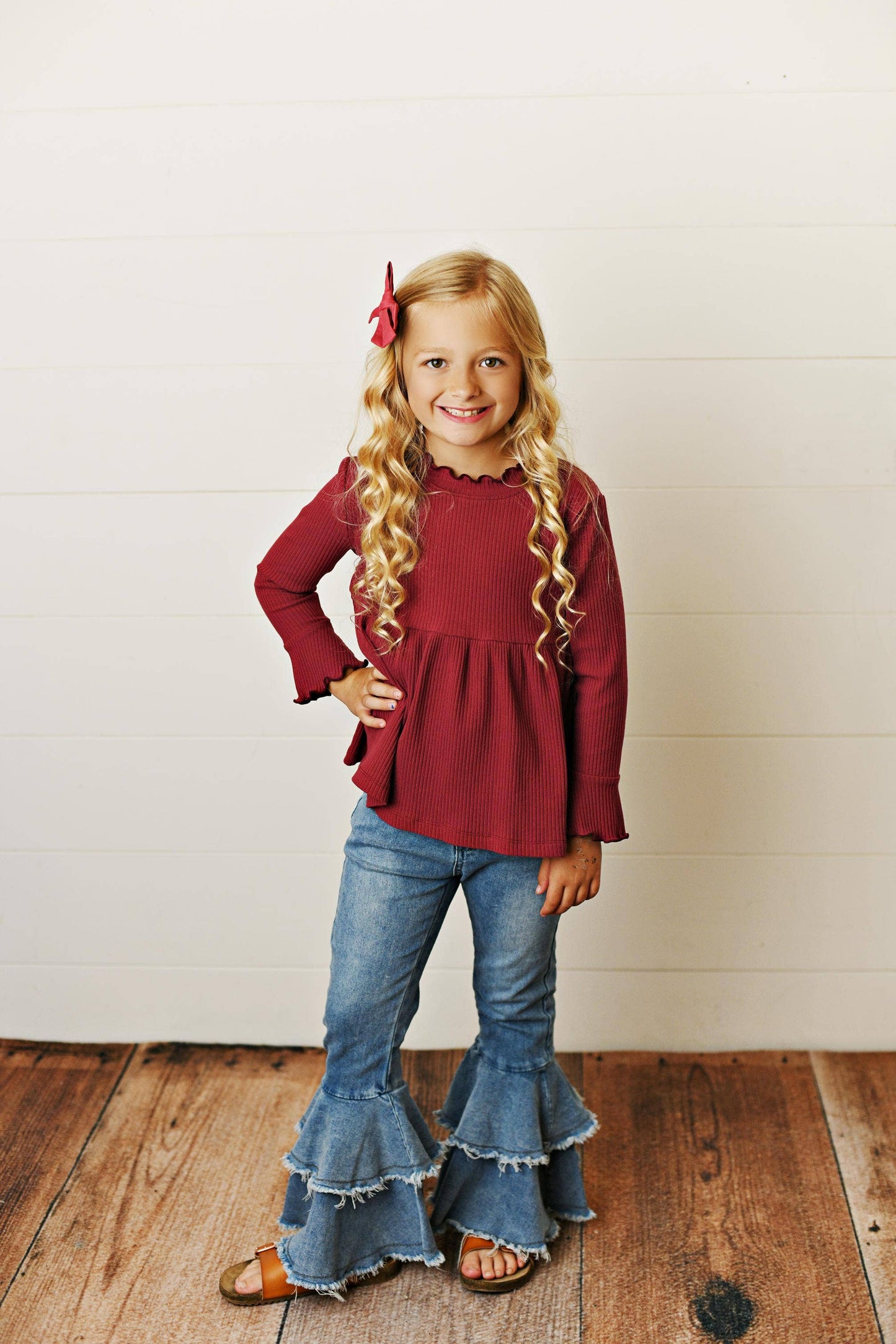 Oopsie Daisy - Kids Burgundy Wine Long Sleeve Lettuce Trim Ribbed Shirt