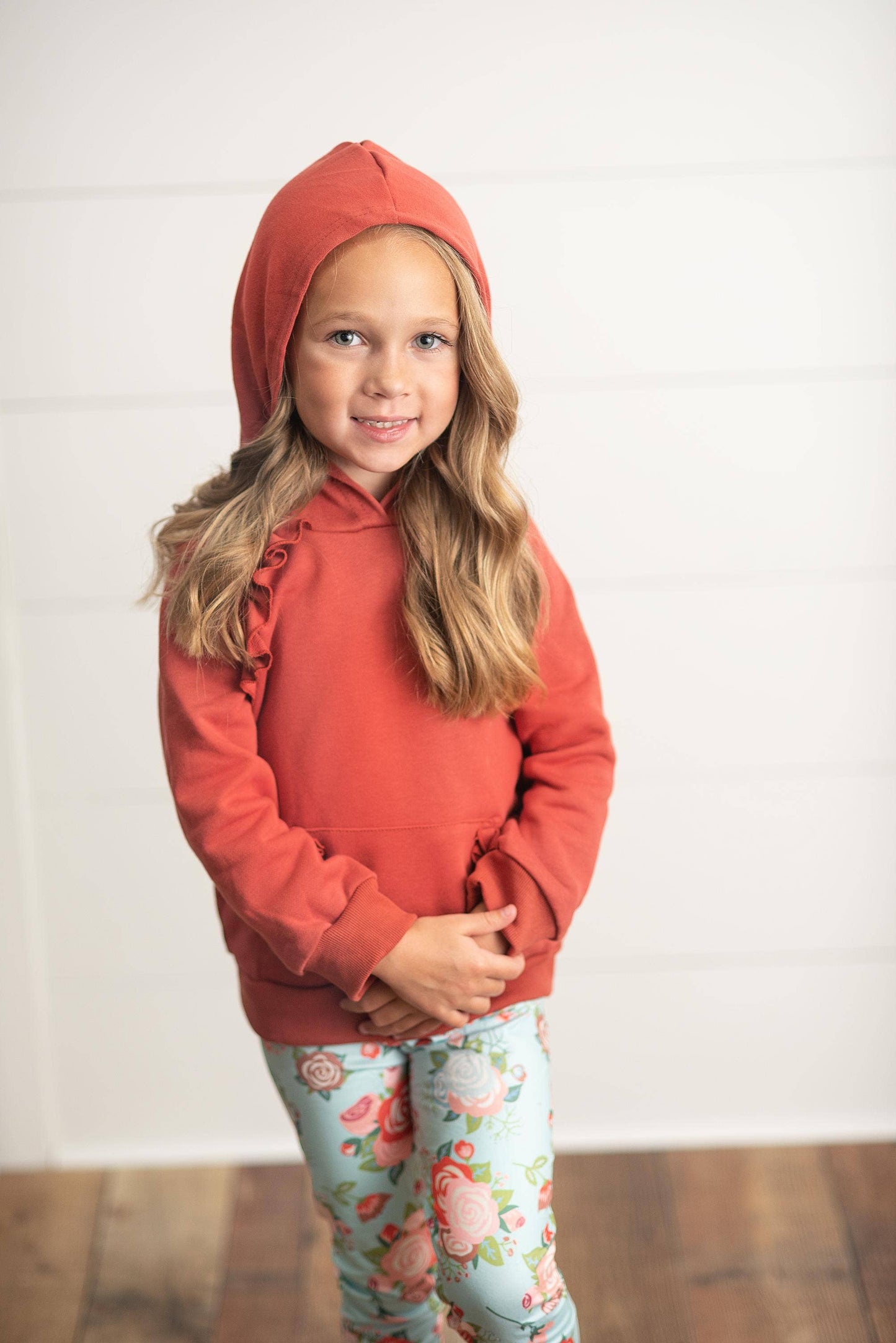 Adorable Sweetness - Kids Rust Pocket Ruffle Hoodie Shirt & Leggings Fall Set
