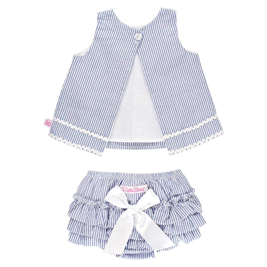 RuffleButts + RuggedButts - Baby Girls Blue Seersucker Ric Rac Swing Top & Bloomer Set