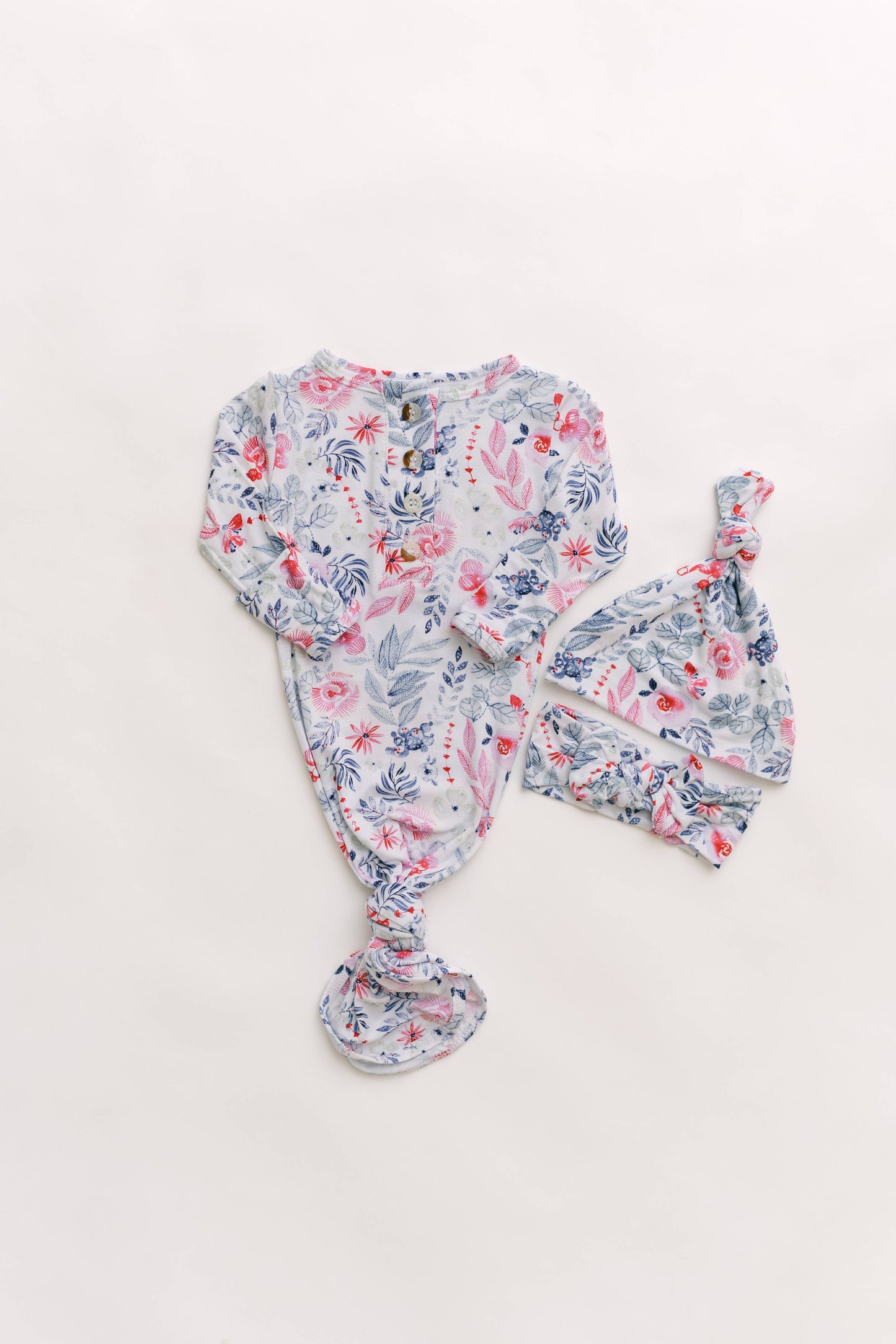 Stroller Society - Newborn Knotted Baby Gown, Bow, Hat Set - Baby Clothes Girl