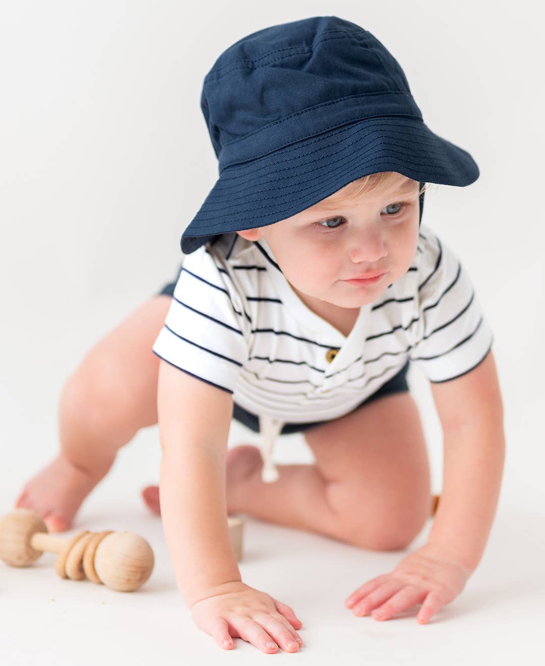 RuffleButts + RuggedButts - Baby Boys White & Navy Stripe Short Sleeve Henley Bodysuit