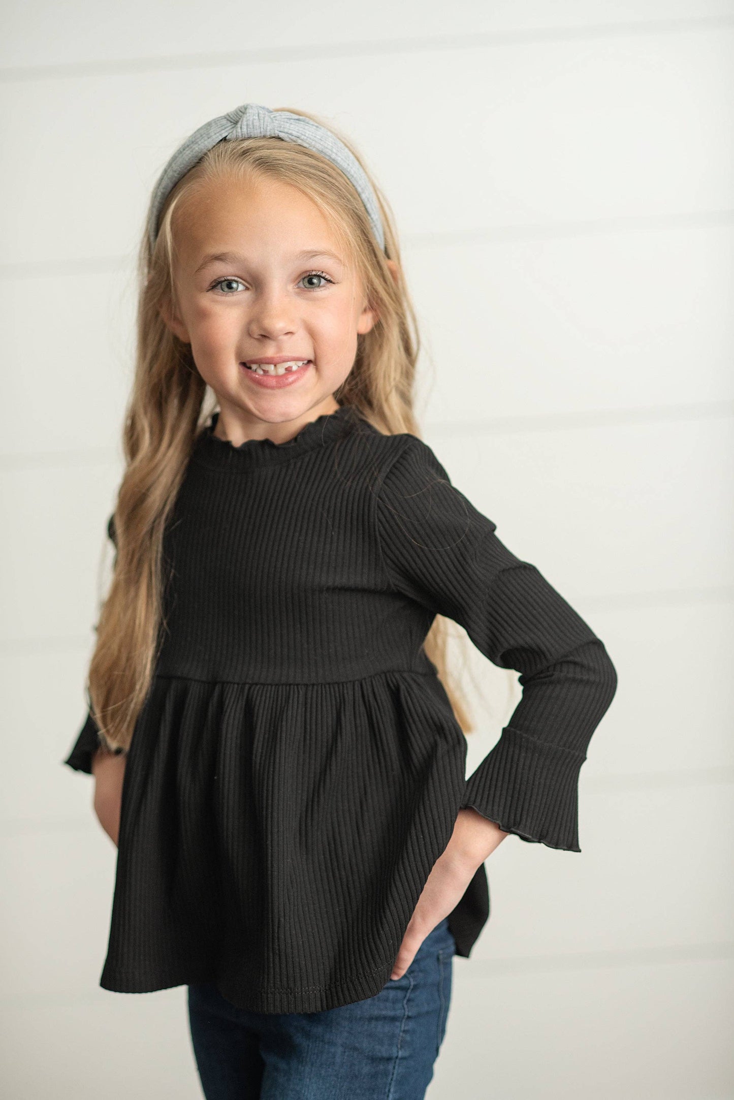 Oopsie Daisy - Kids Black Long Sleeve Lettuce Trim Ribbed Fall Winter Shirt