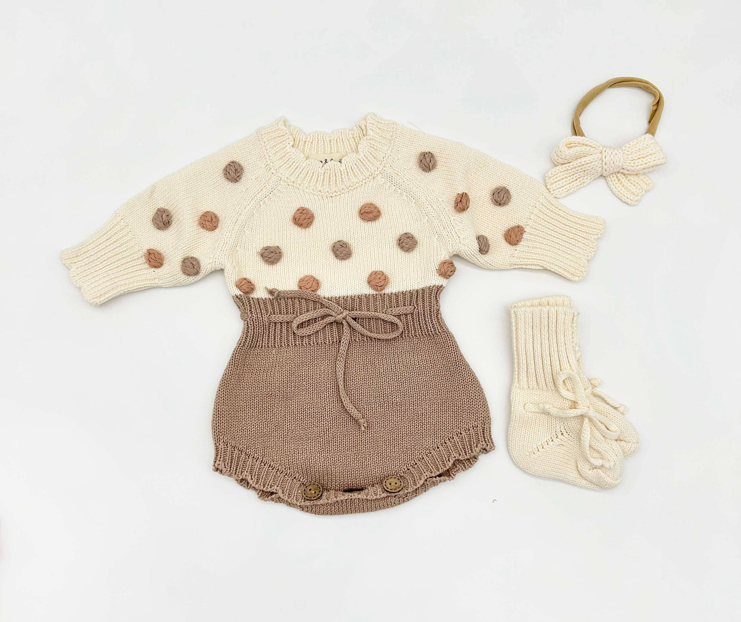 OLIVE & CRADLE - Lottie Dot Knit Romper – Cream Fog