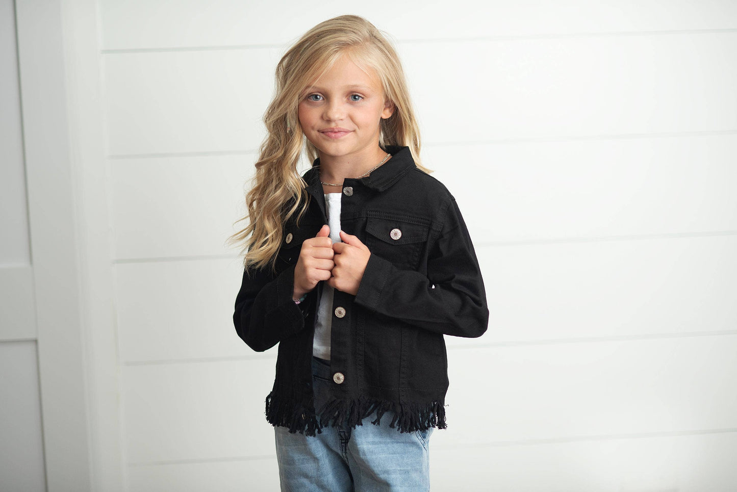 Oopsie Daisy - Kids Black Denim Fringe Fall Winter Button Jacket