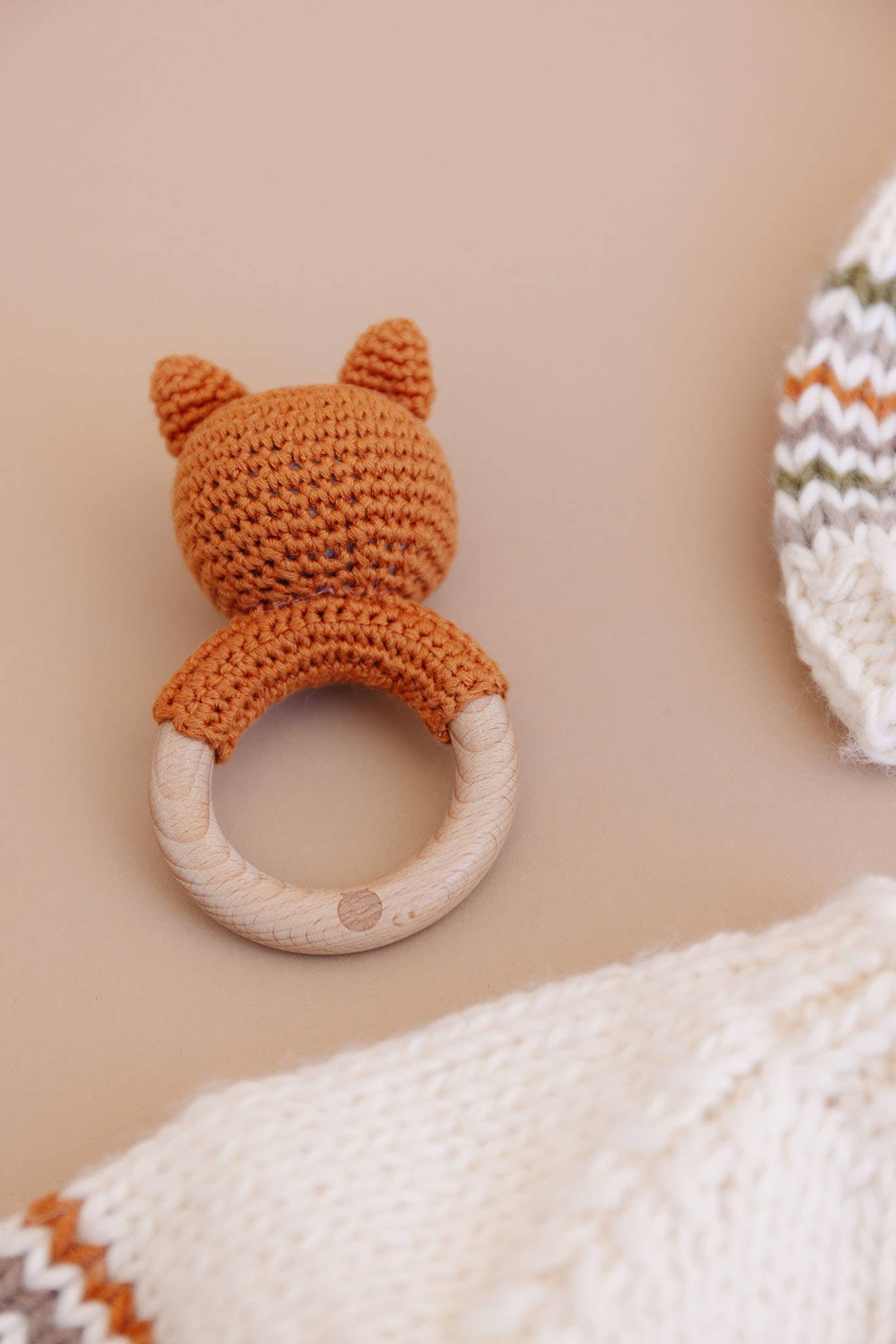 The Blueberry Hill - Teether Fox Cotton Rattle Clay Baby Gift Crochet Spring