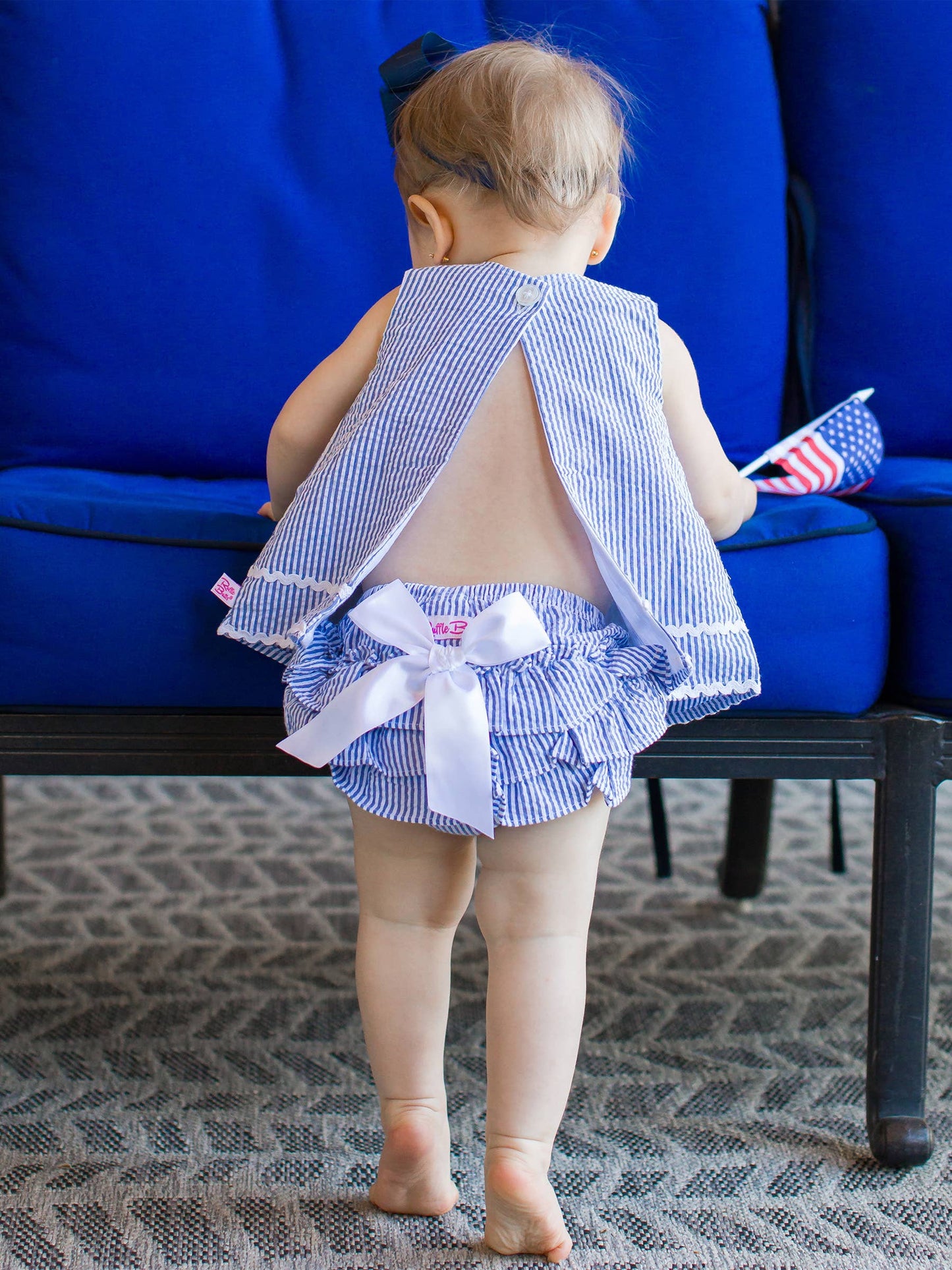 RuffleButts + RuggedButts - Baby Girls Blue Seersucker Ric Rac Swing Top & Bloomer Set