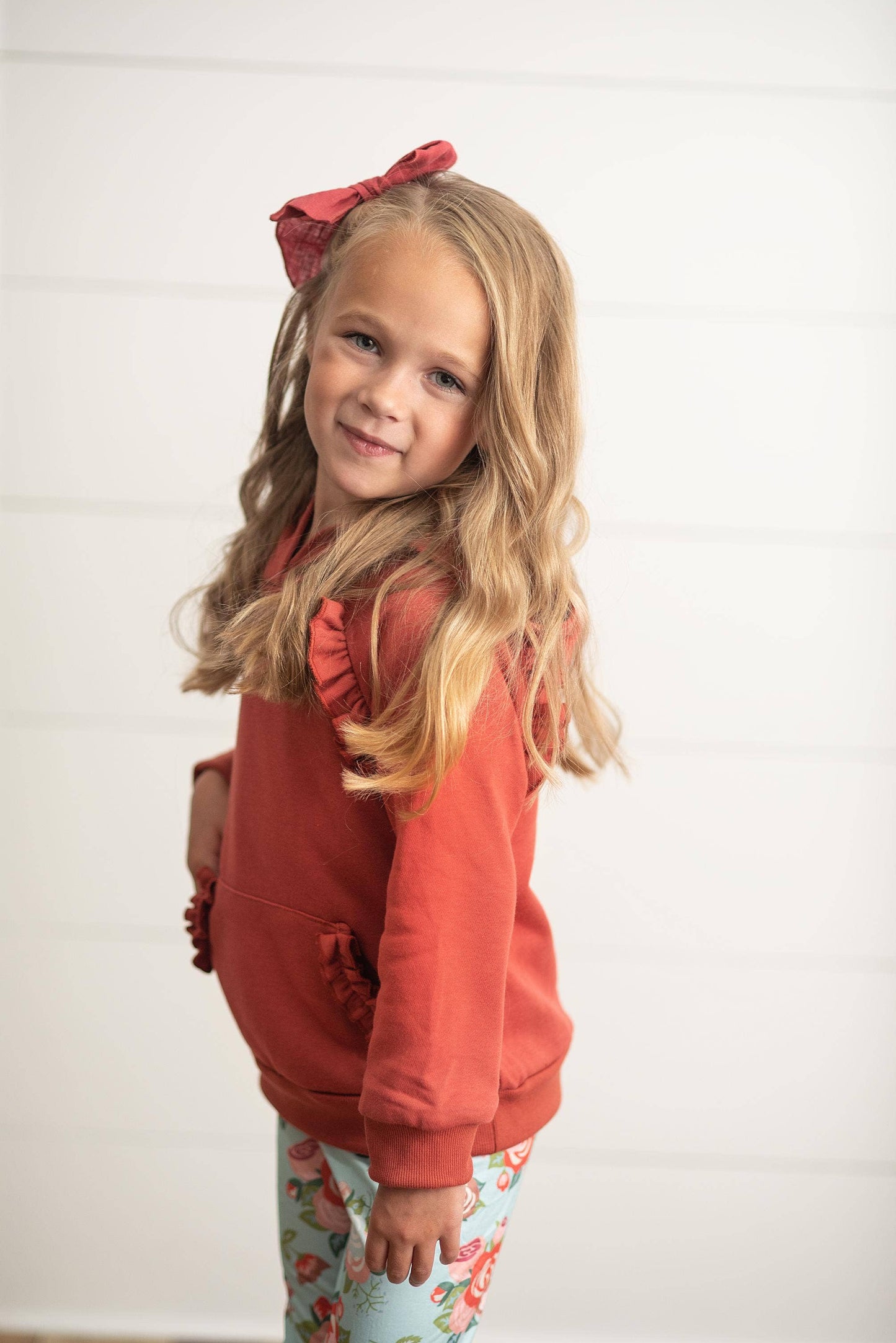 Adorable Sweetness - Kids Rust Pocket Ruffle Hoodie Shirt & Leggings Fall Set