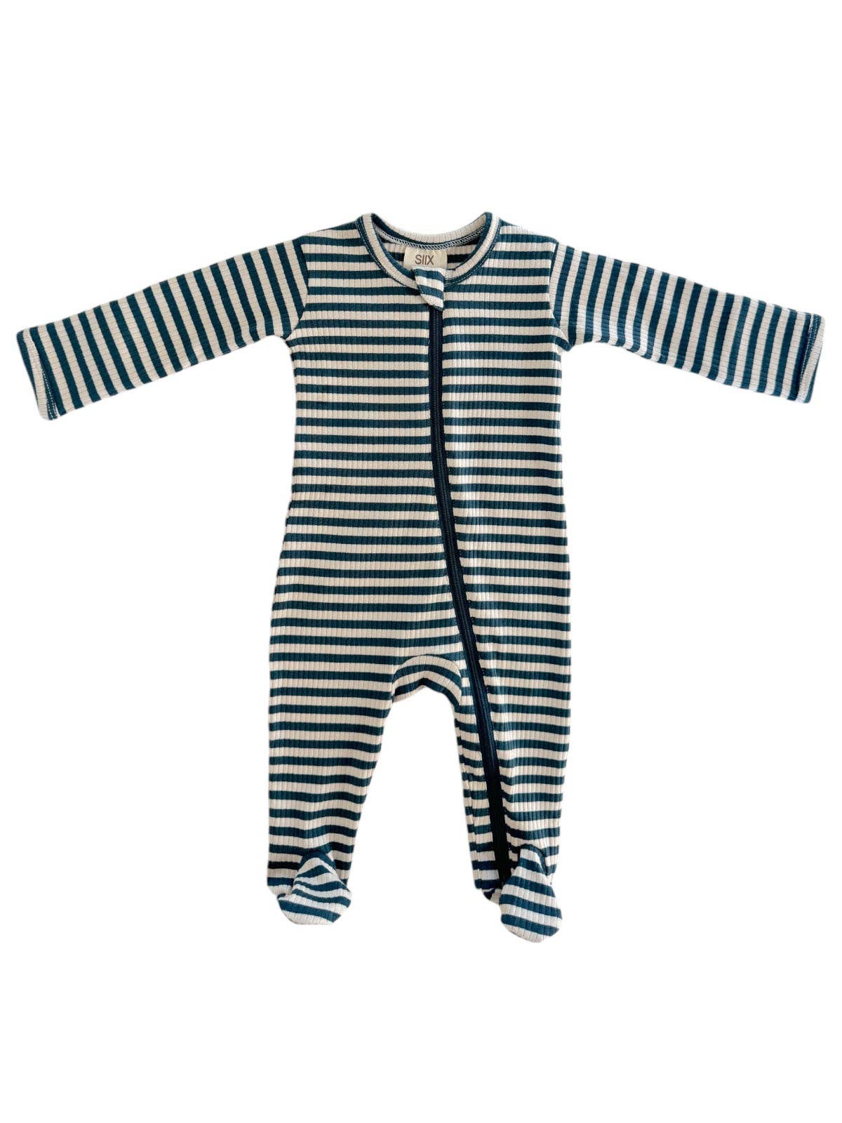 SIIX Collection - Steel Blue Stripe / Organic Ribbed Zip Footie