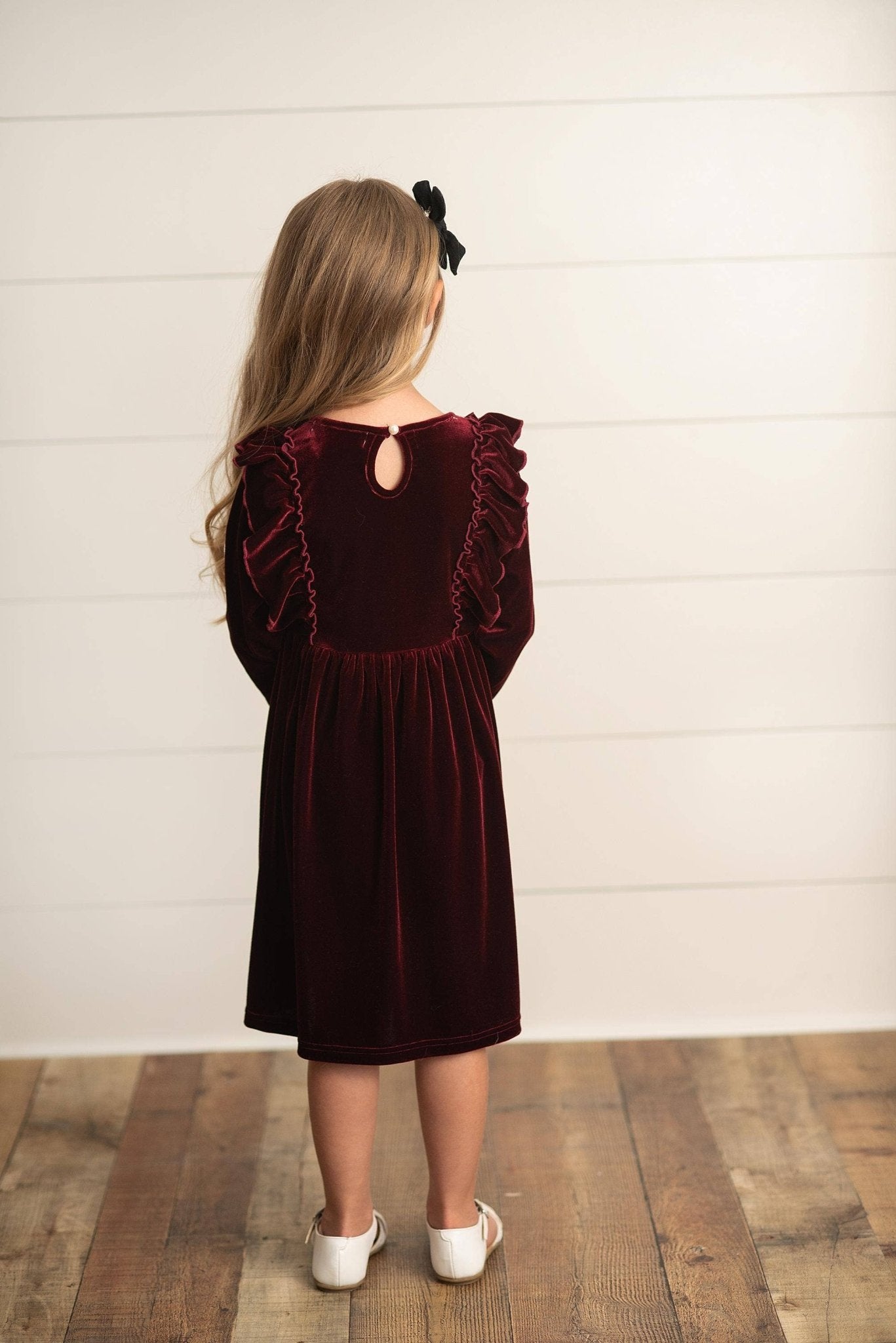 Oopsie Daisy - Kids Burgundy Wine Velvet Bow Ruffle Holiday Party Dress - Citrus Sky Boutique