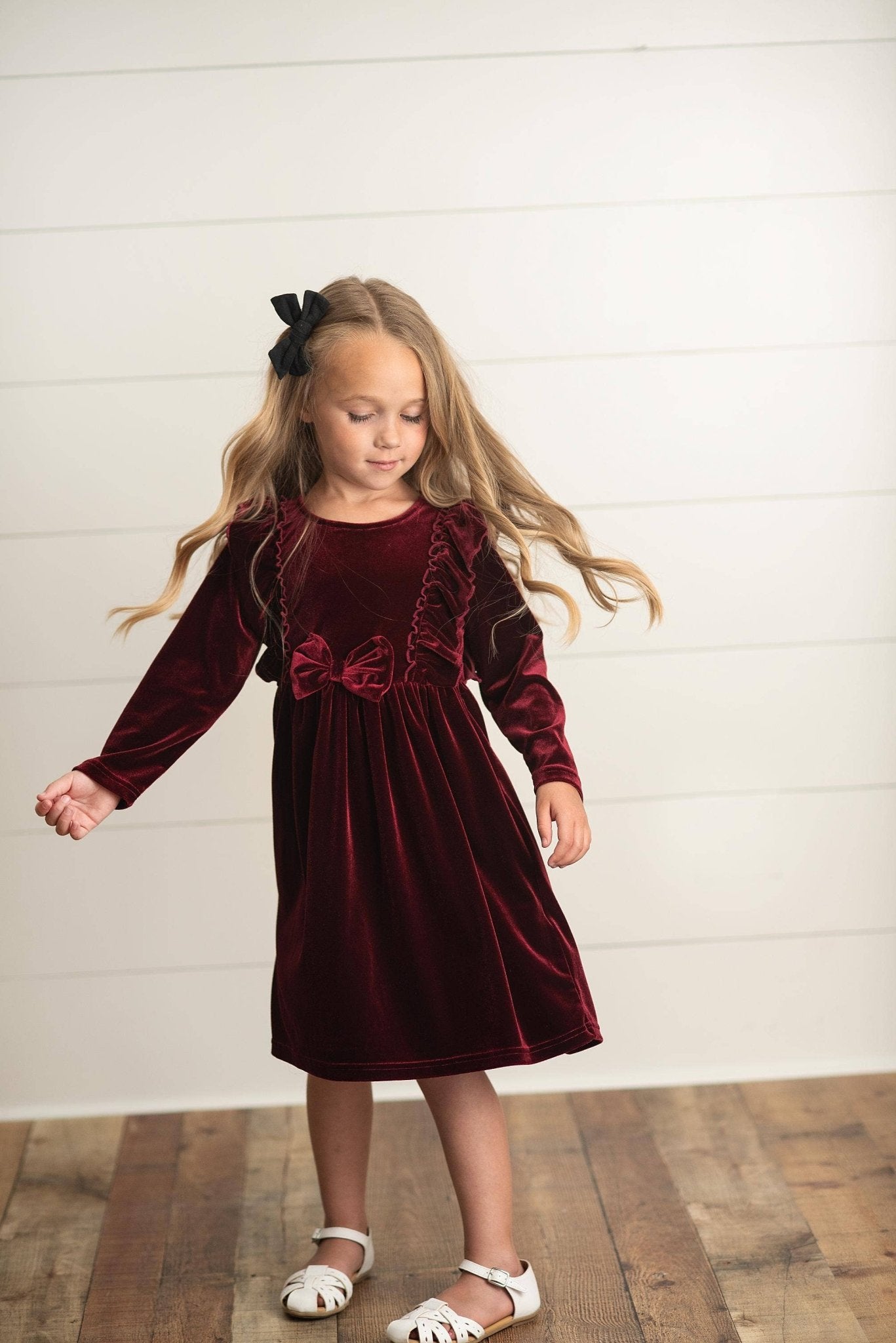 Oopsie Daisy - Kids Burgundy Wine Velvet Bow Ruffle Holiday Party Dress - Citrus Sky Boutique