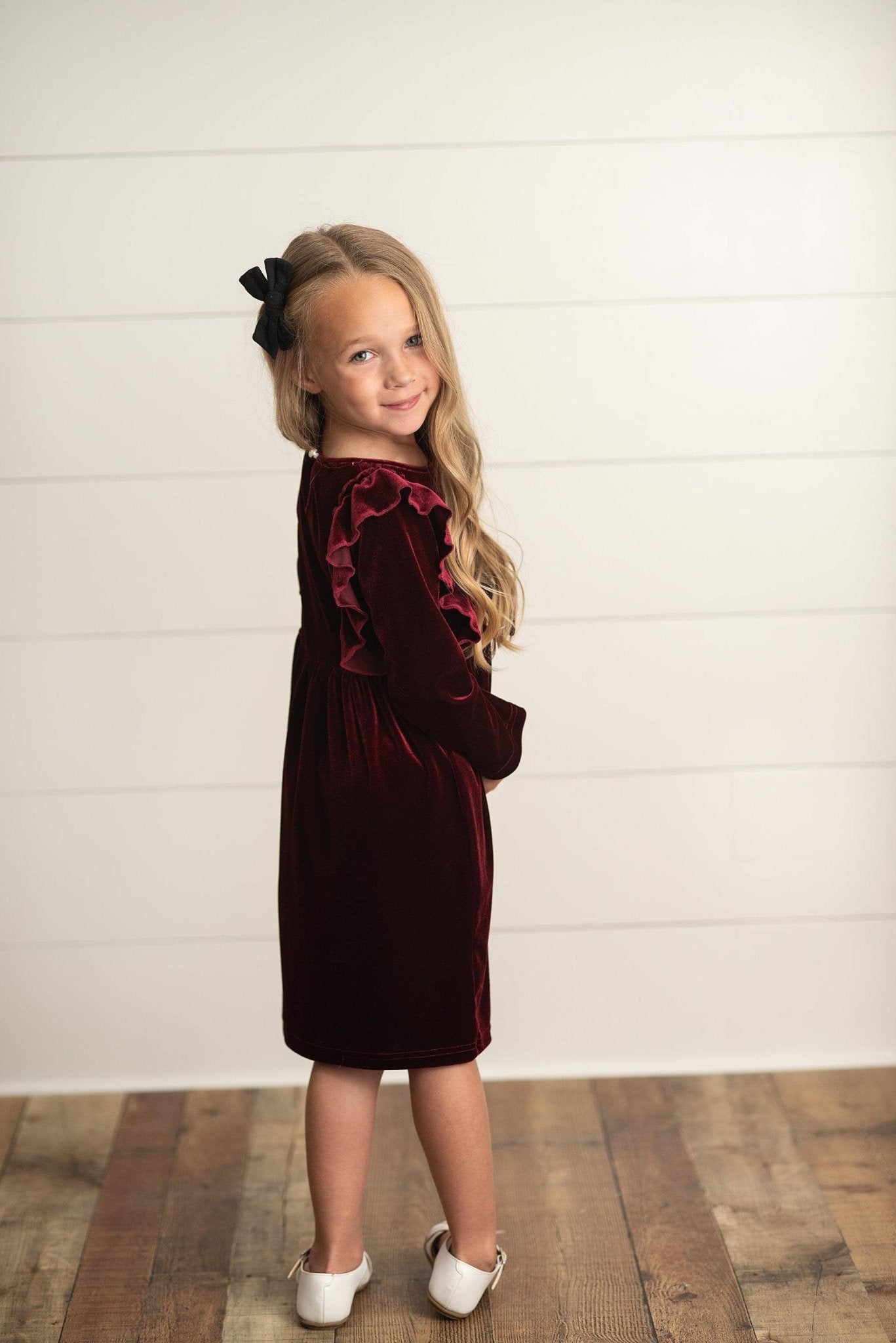 Oopsie Daisy - Kids Burgundy Wine Velvet Bow Ruffle Holiday Party Dress - Citrus Sky Boutique