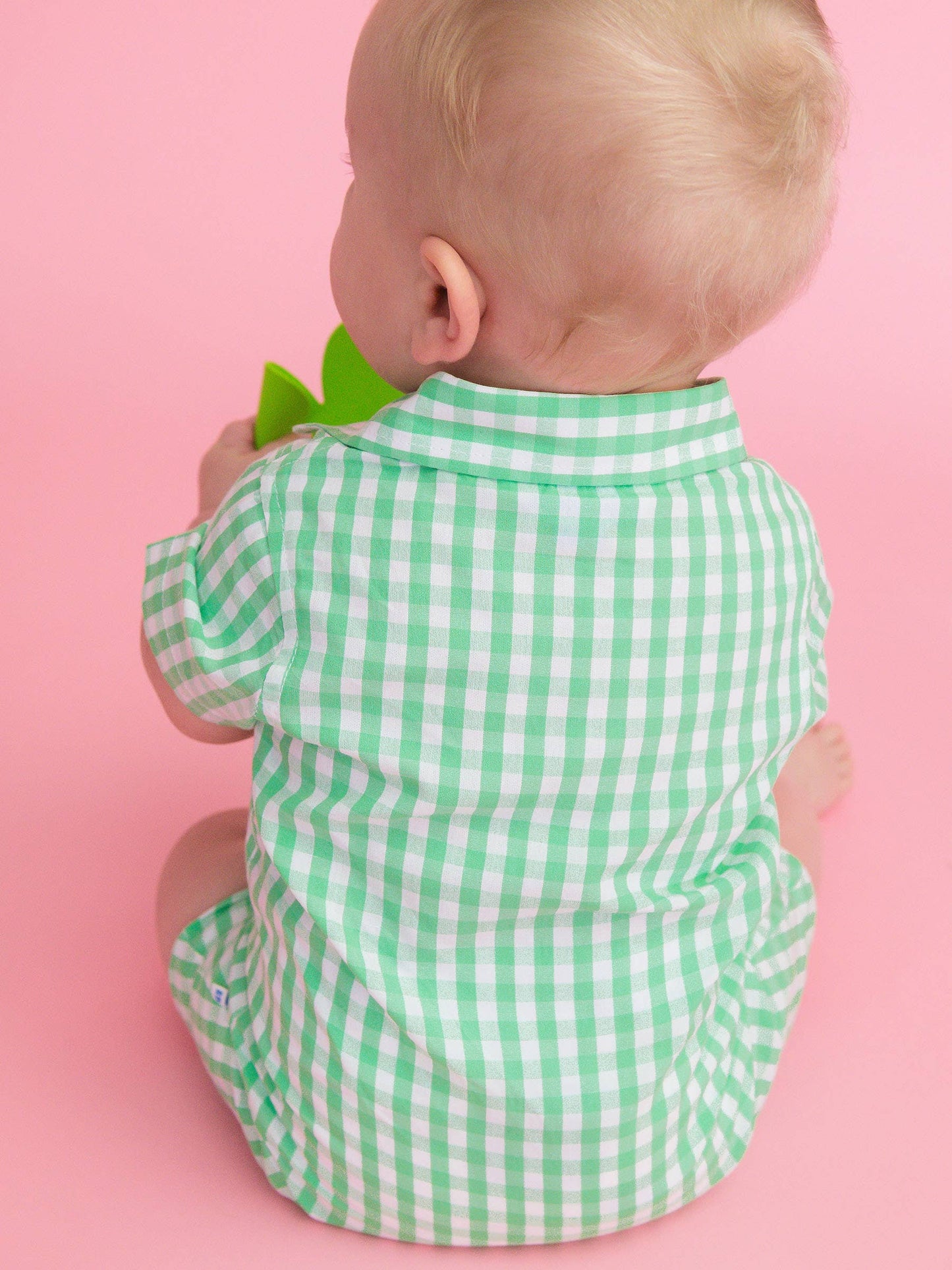 RuffleButts + RuggedButts - Baby Boys Classic Spring Bud Gingham Short Sleeve Woven Button-Up Romper