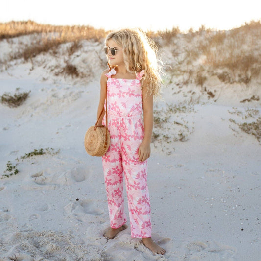 Adorable Sweetness - Kids Pink White Floral Button Ruffle Summer Pocket Jumpsuit