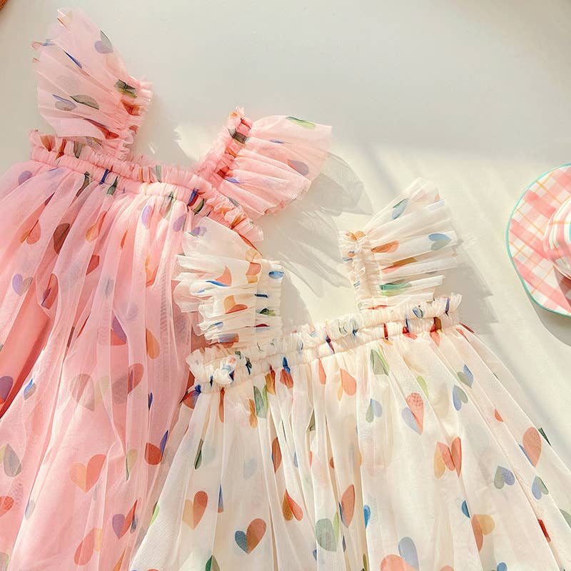 Little Trendy - Children's heart print mesh dress summer butterfly dress