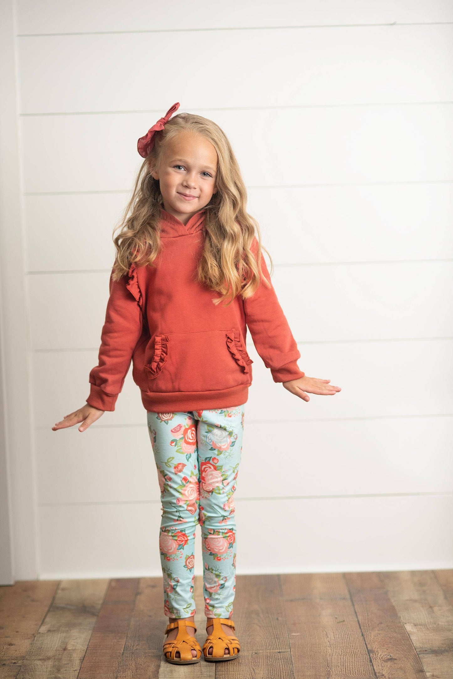 Adorable Sweetness - Kids Rust Pocket Ruffle Hoodie Shirt & Leggings Fall Set