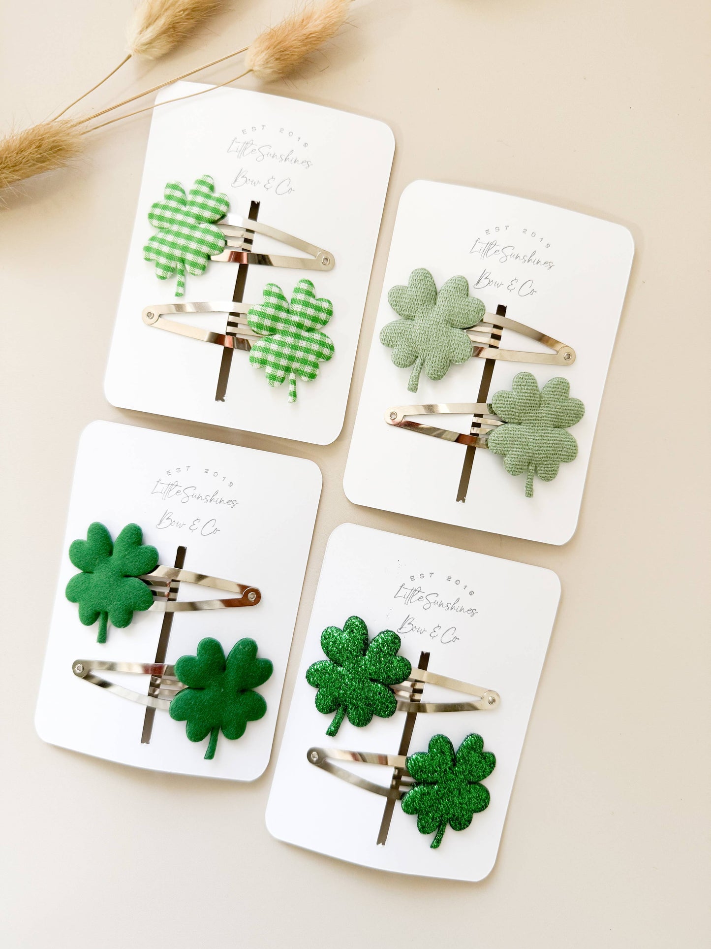 Little Sunshines Bow & Co - St Patricks Day Four Leaf Clover Snap Clips- Set of 2